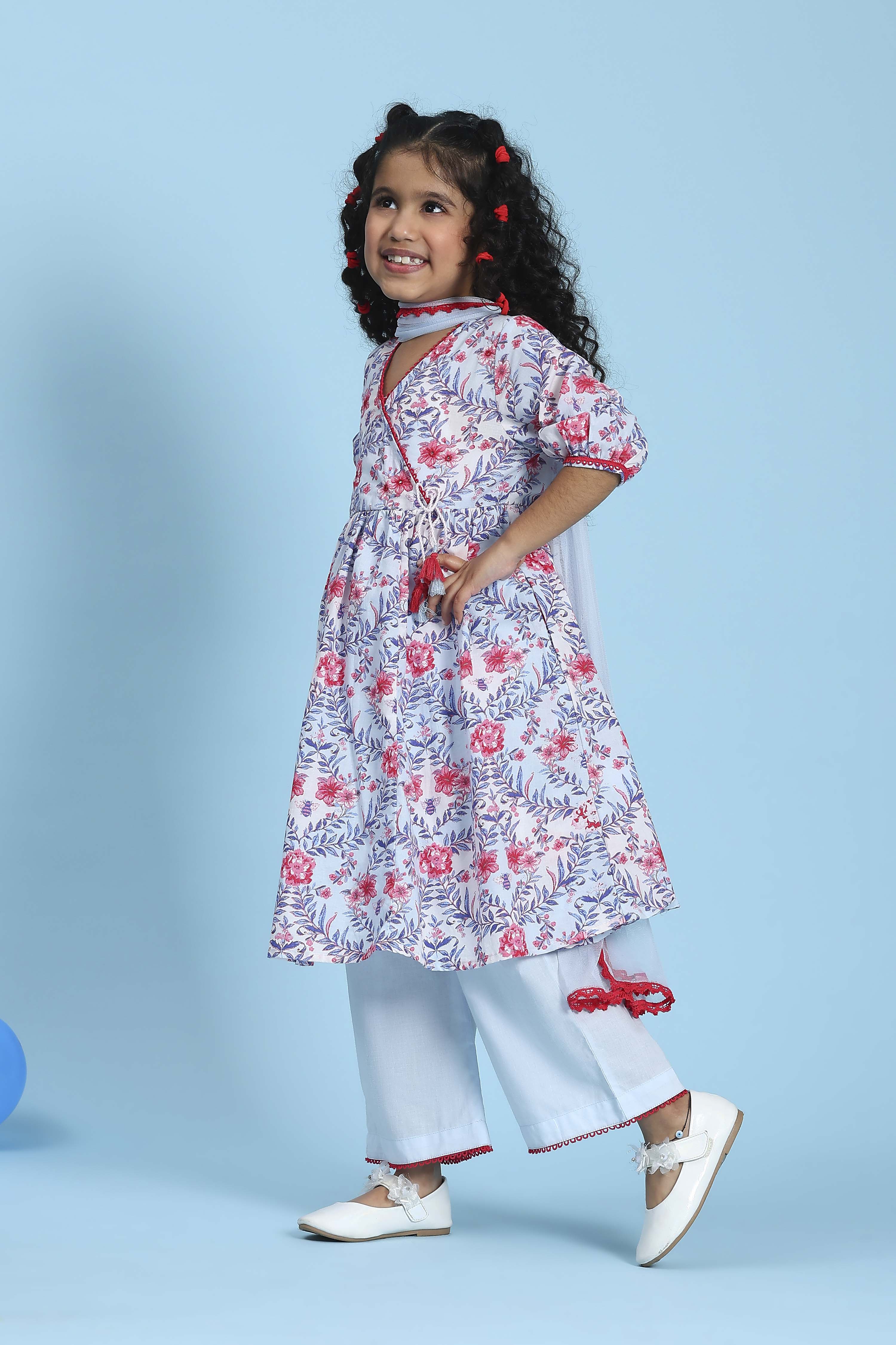 Blue Cotton Printed Angrakha Anarkali Suit Set image number 3
