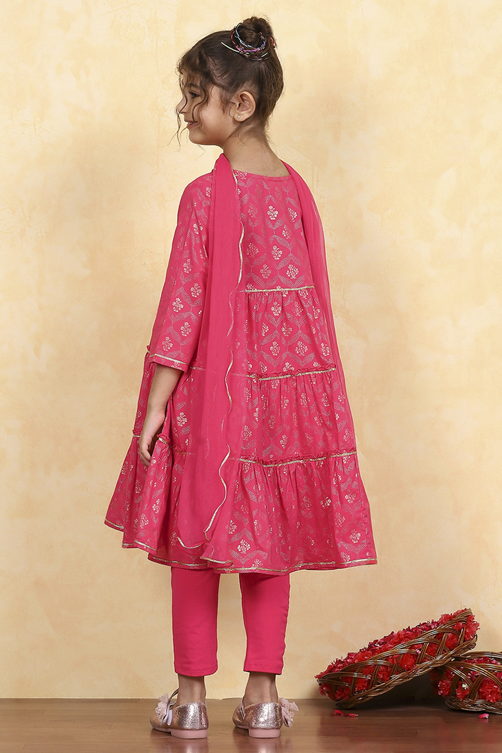 Blue Cotton Tiered Printed Kurta Churidar Set image number 4