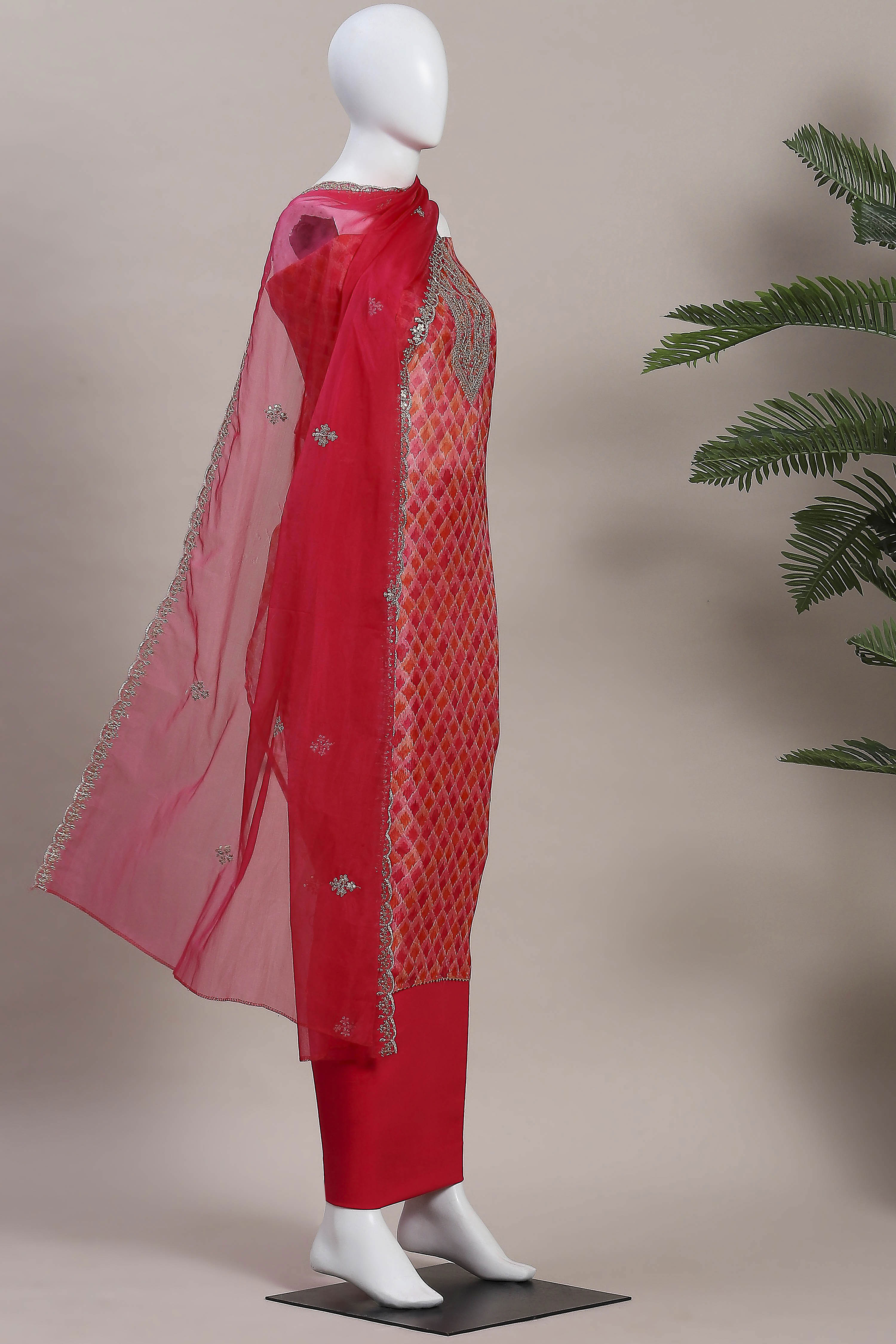 Yellow Organza Rajasthani Print Unstitched Suit Set image number 4