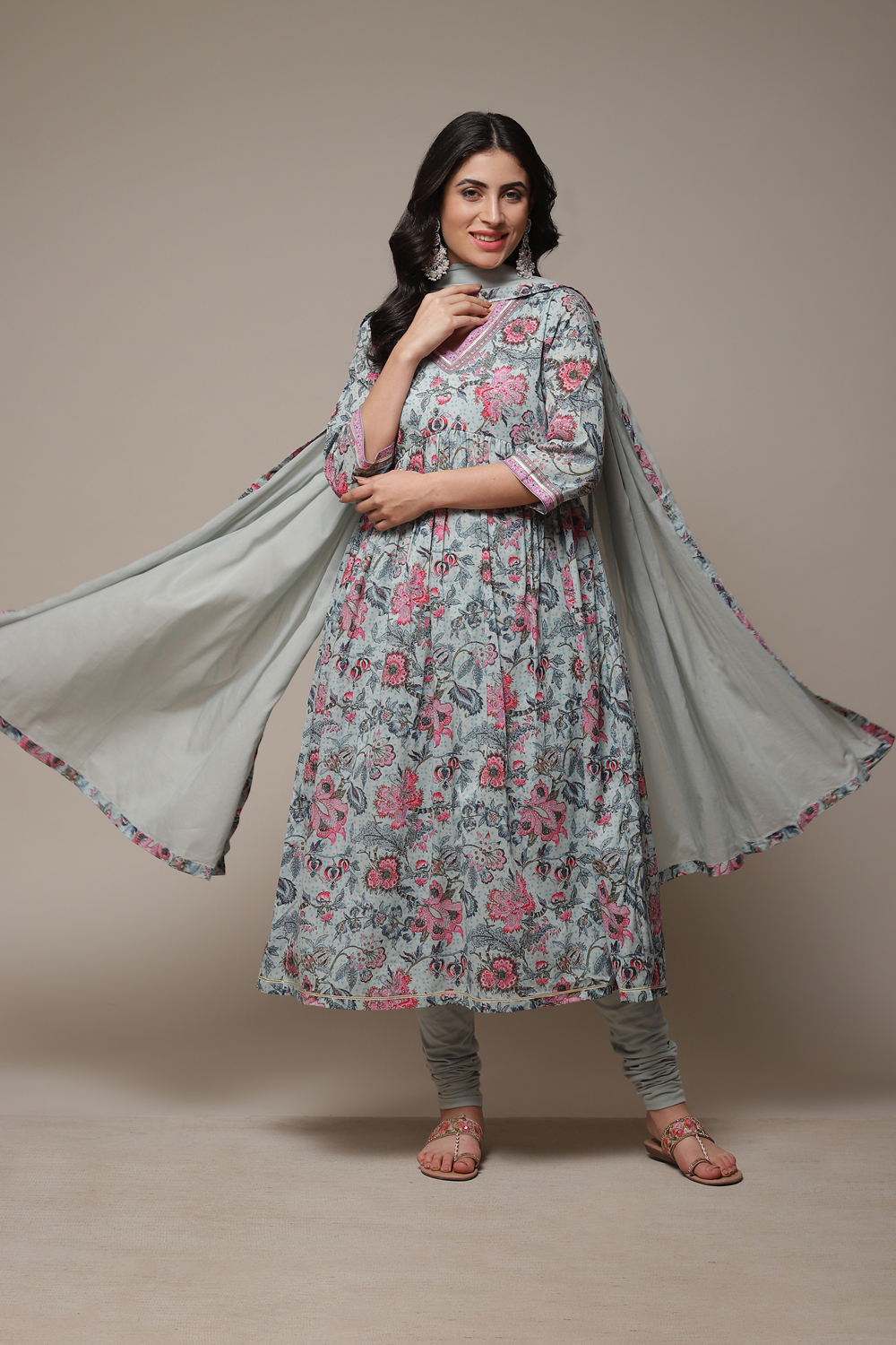 Dull Sea Blue Cotton Gathered Kurta Churidar Suit Set image number 0