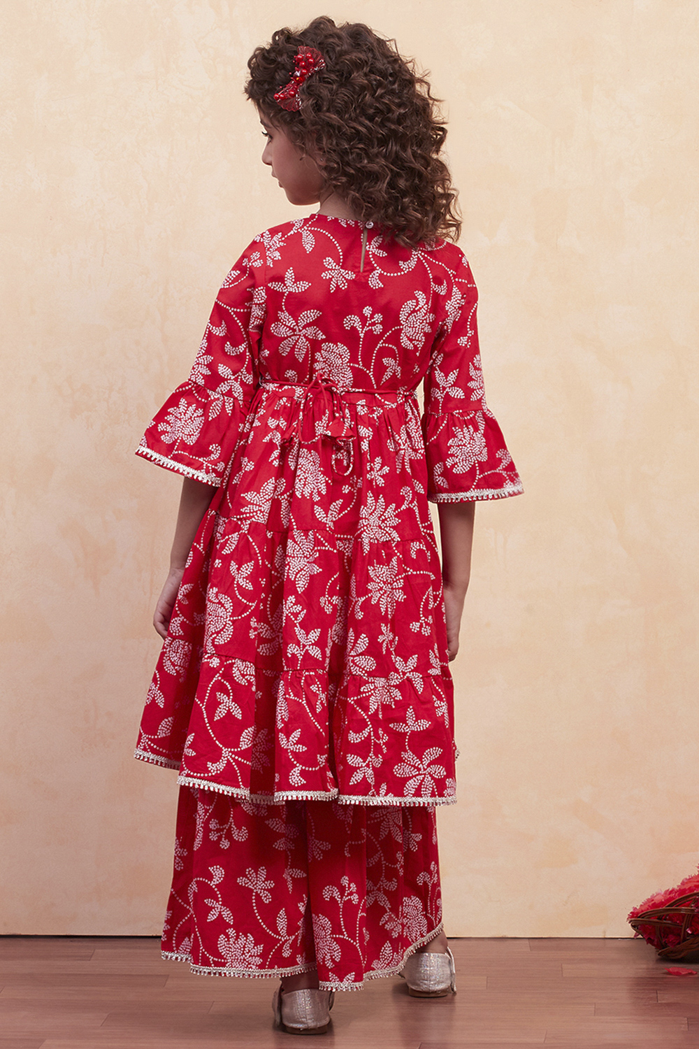 Orange Cotton Printed Tiered Kurta Set image number 4