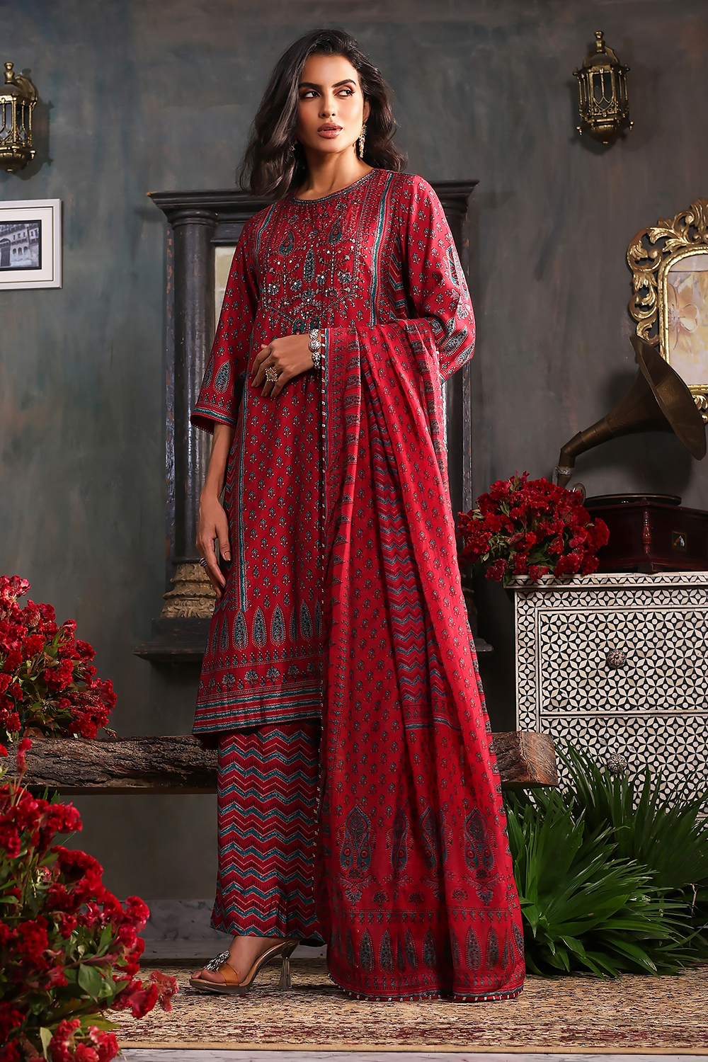 Blue Printed Straight Suit Set image number 1