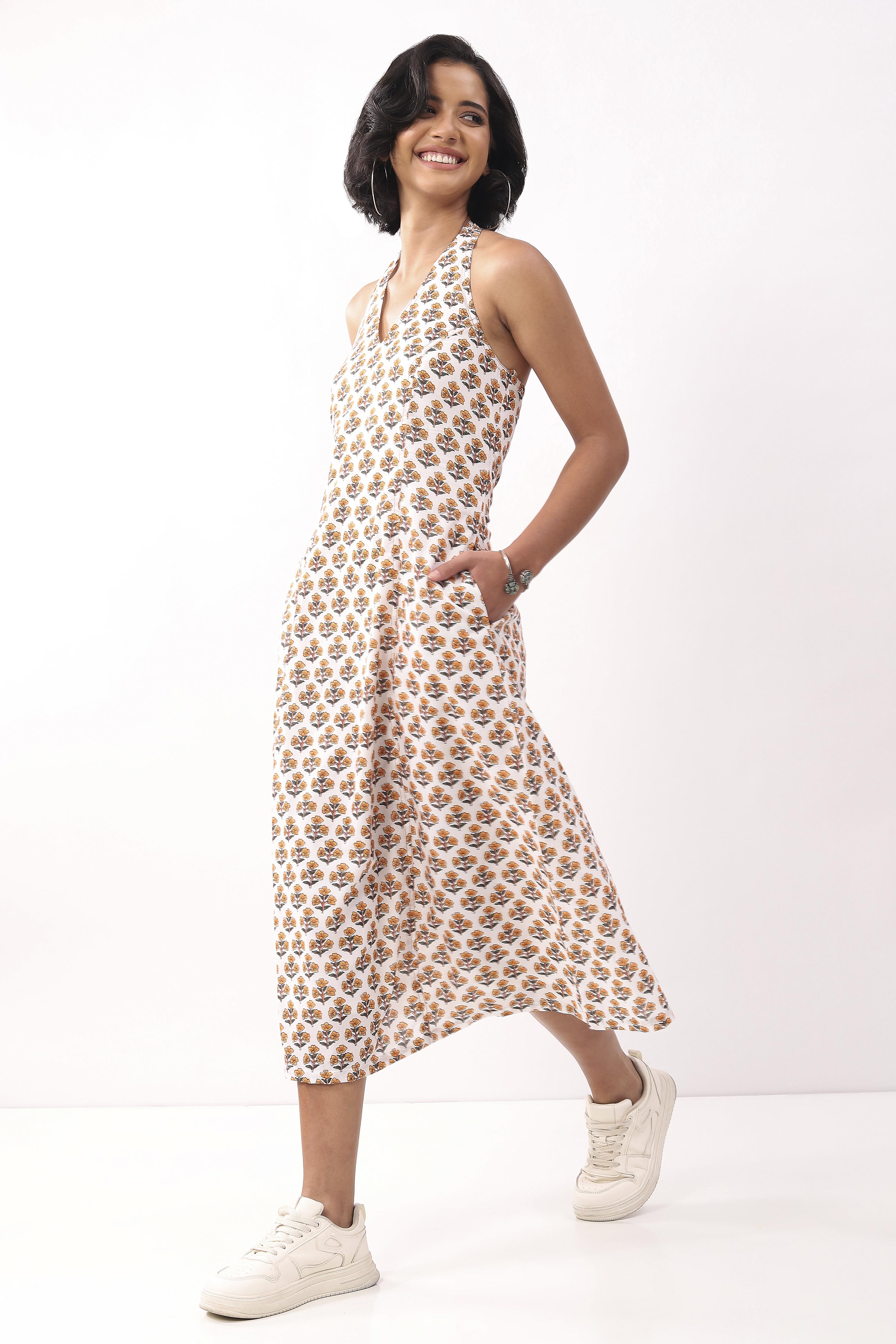 Ivory Cotton Floral Tie-Up Midi A-Line Dress image number 2