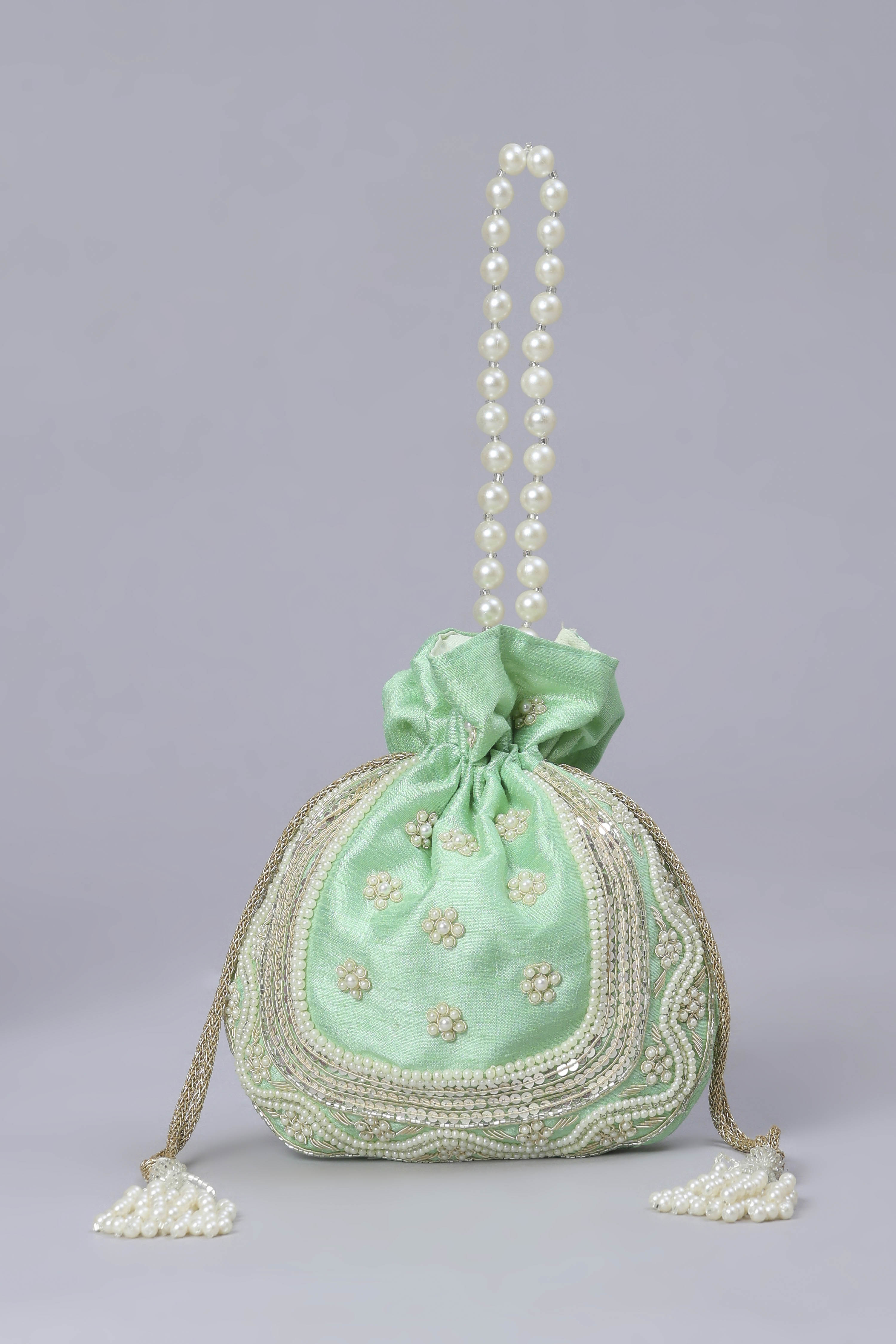 Green Fabric Floral Embellished Potli image number 1