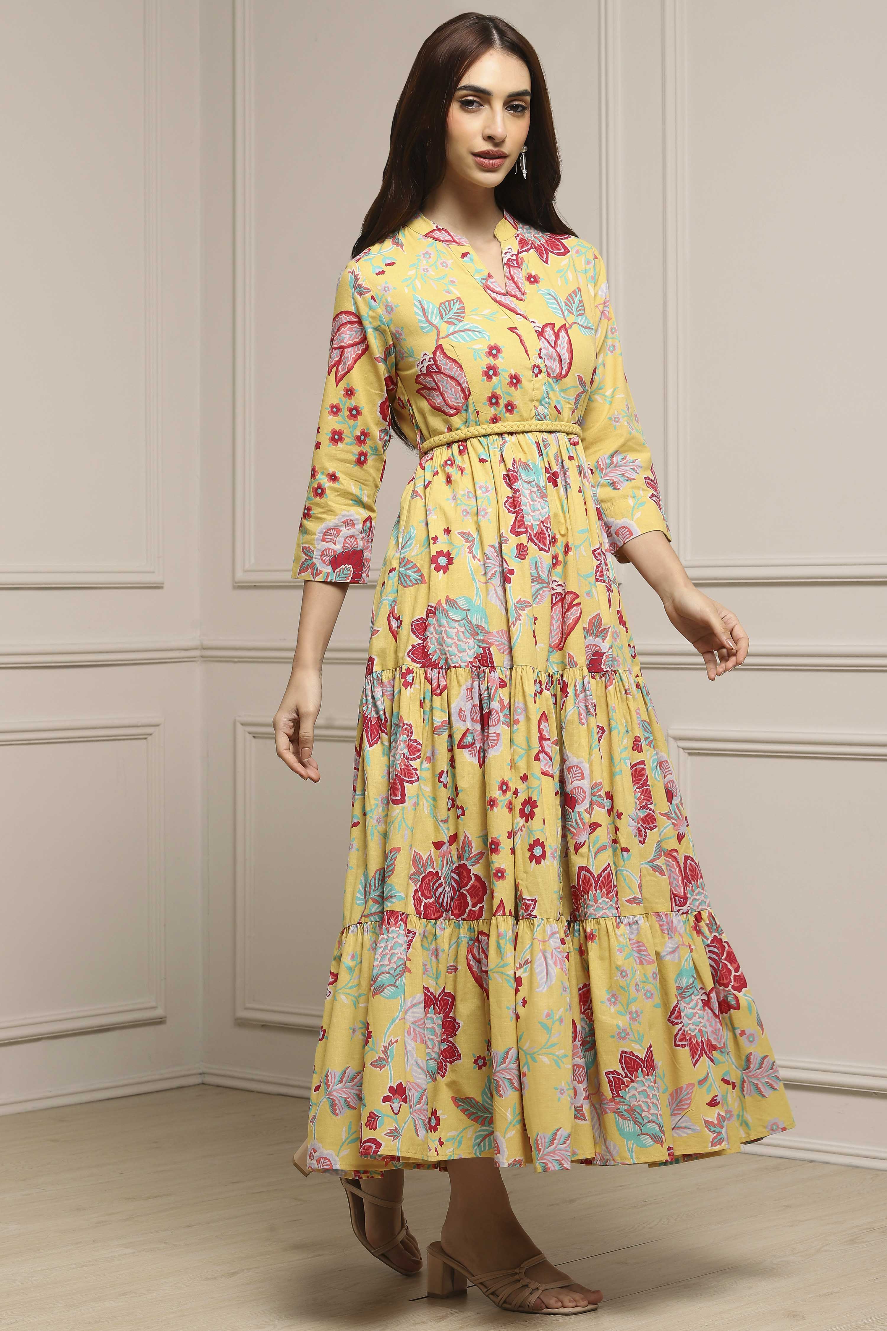 Earthy Blue Cotton Floral Tiered Dress image number 4