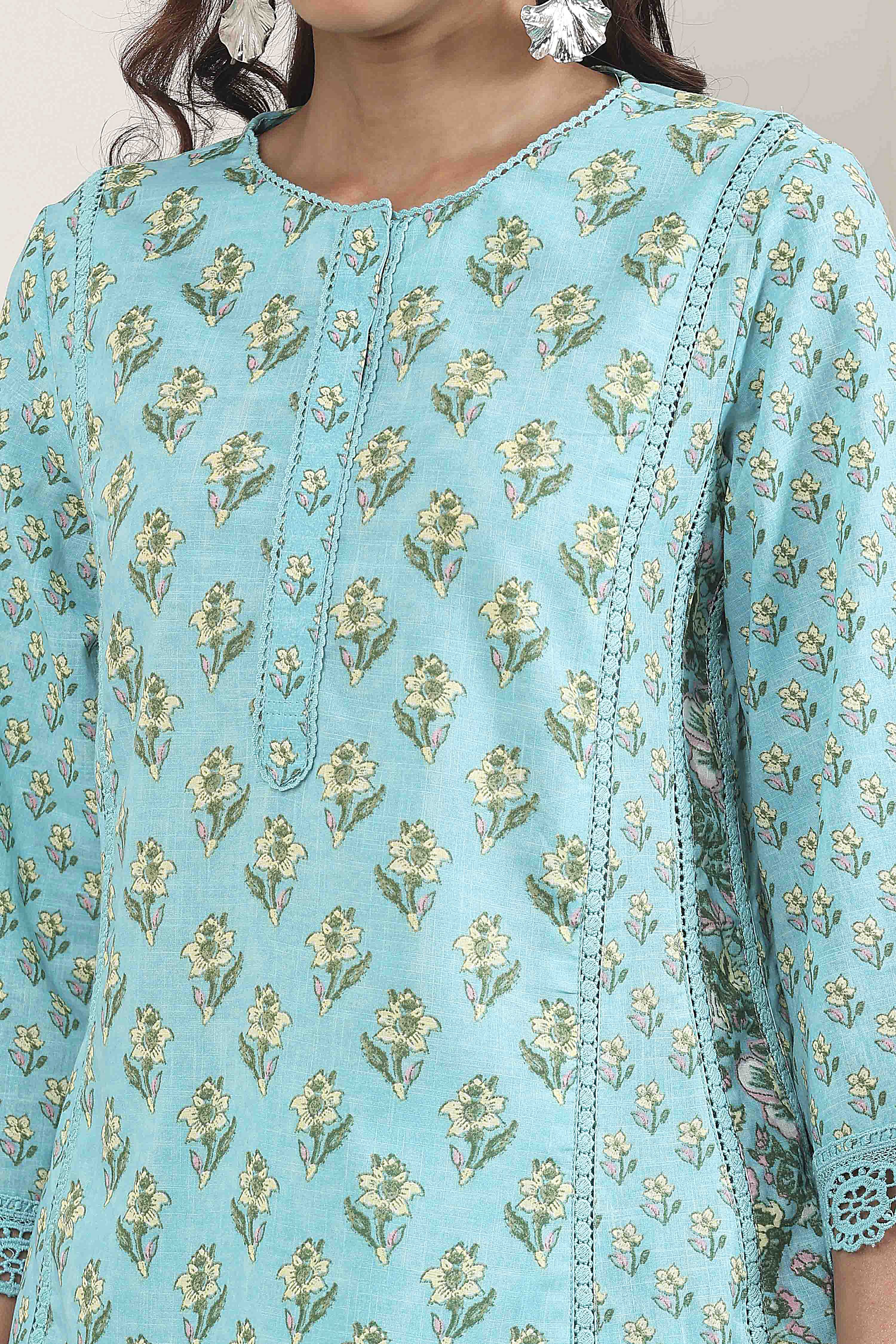 Turquoise Cotton Printed Kalidar Kurta Set image number 1
