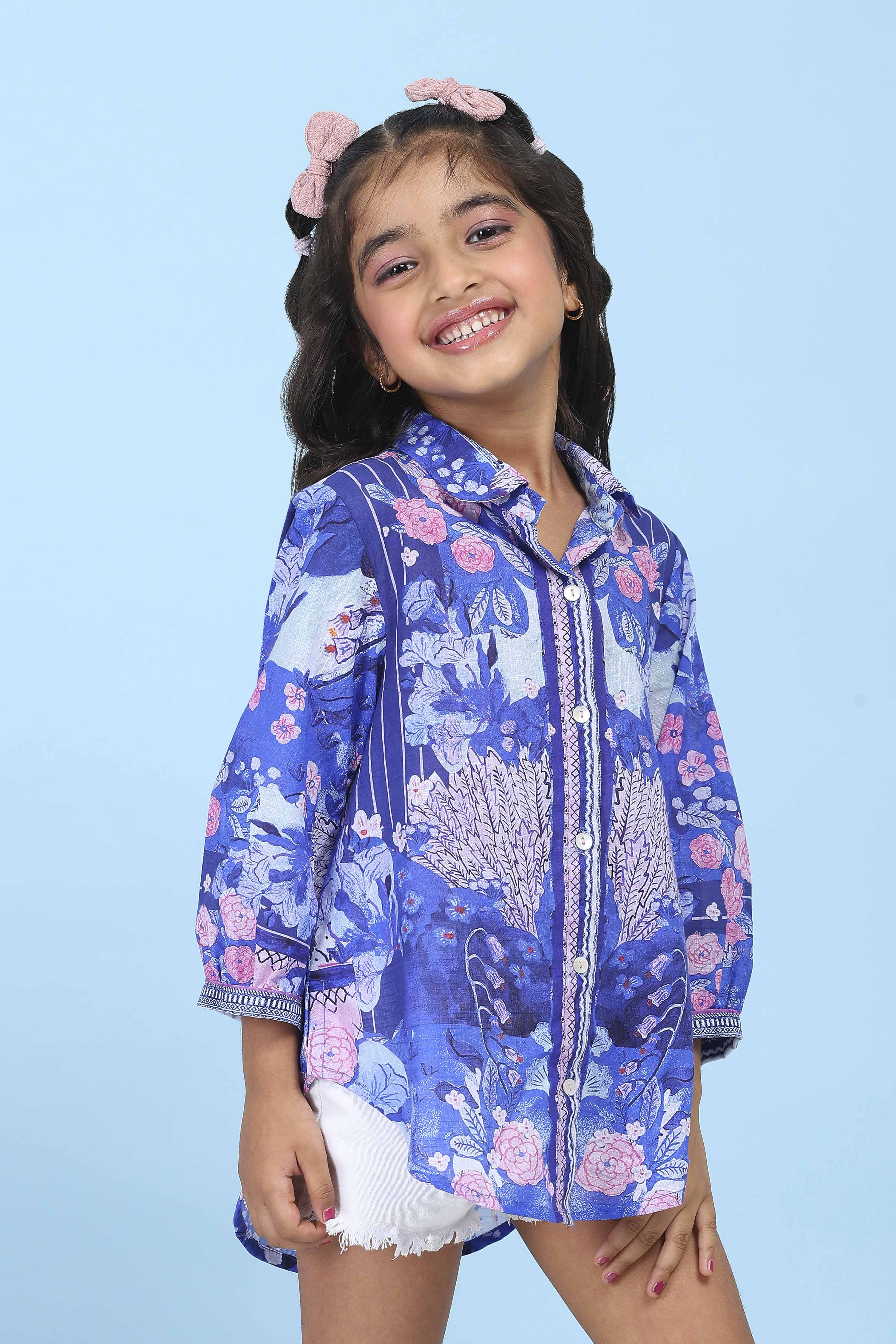 Blue Cotton Floral Printed Shirt image number 4
