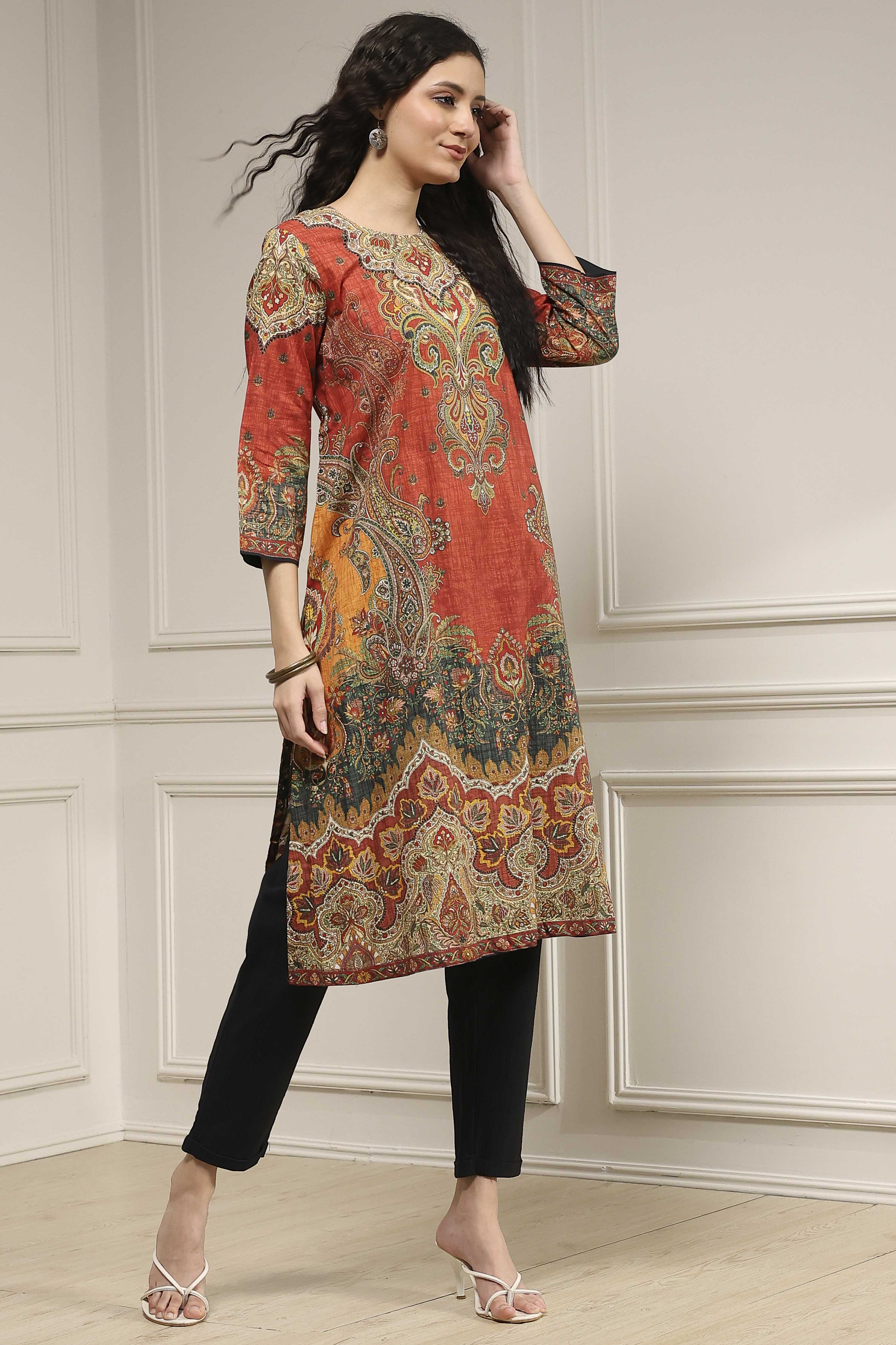 Blue Cotton Printed Straight Kurta image number 4