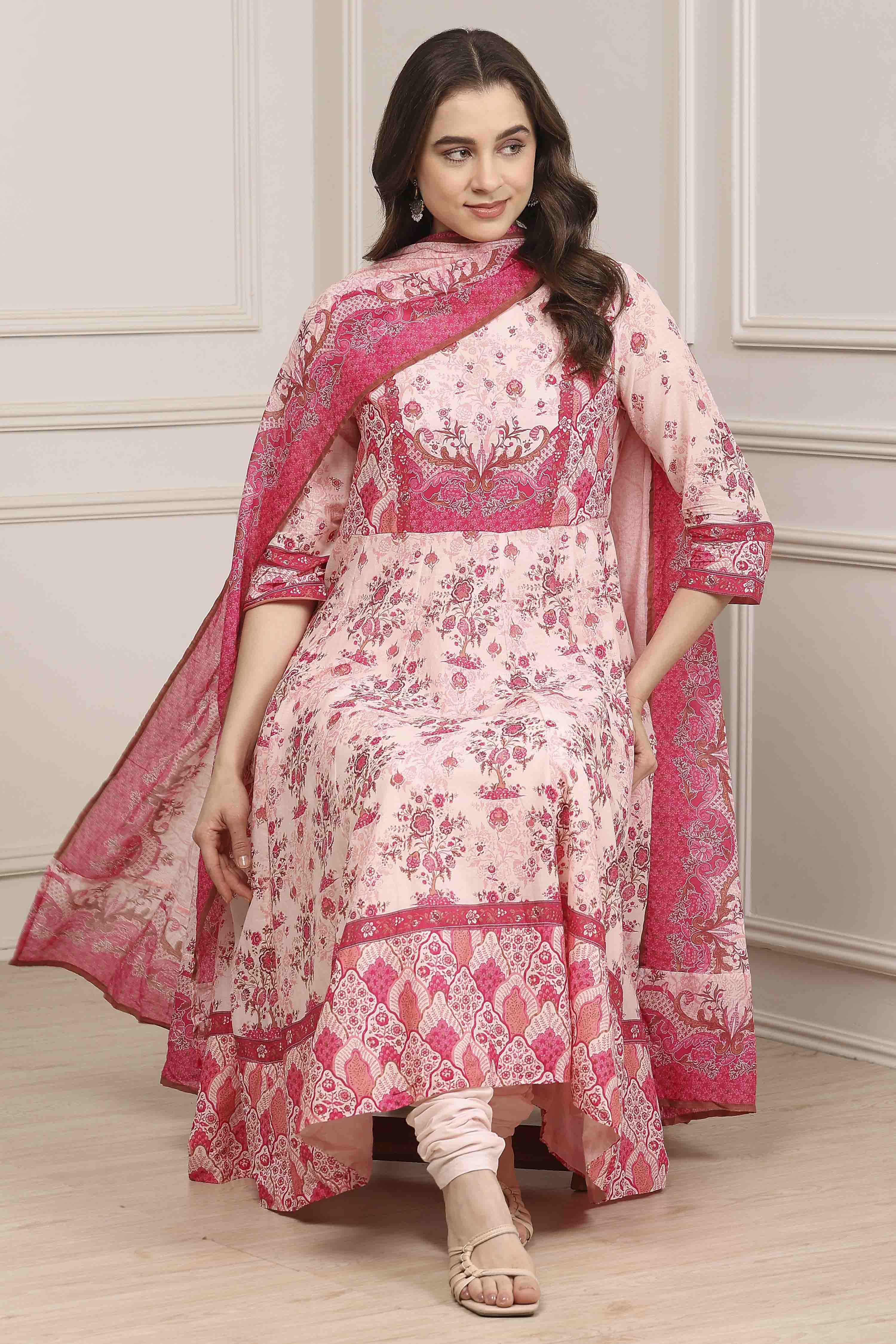 Blue Cotton Printed Anarkali Suit Set image number 0