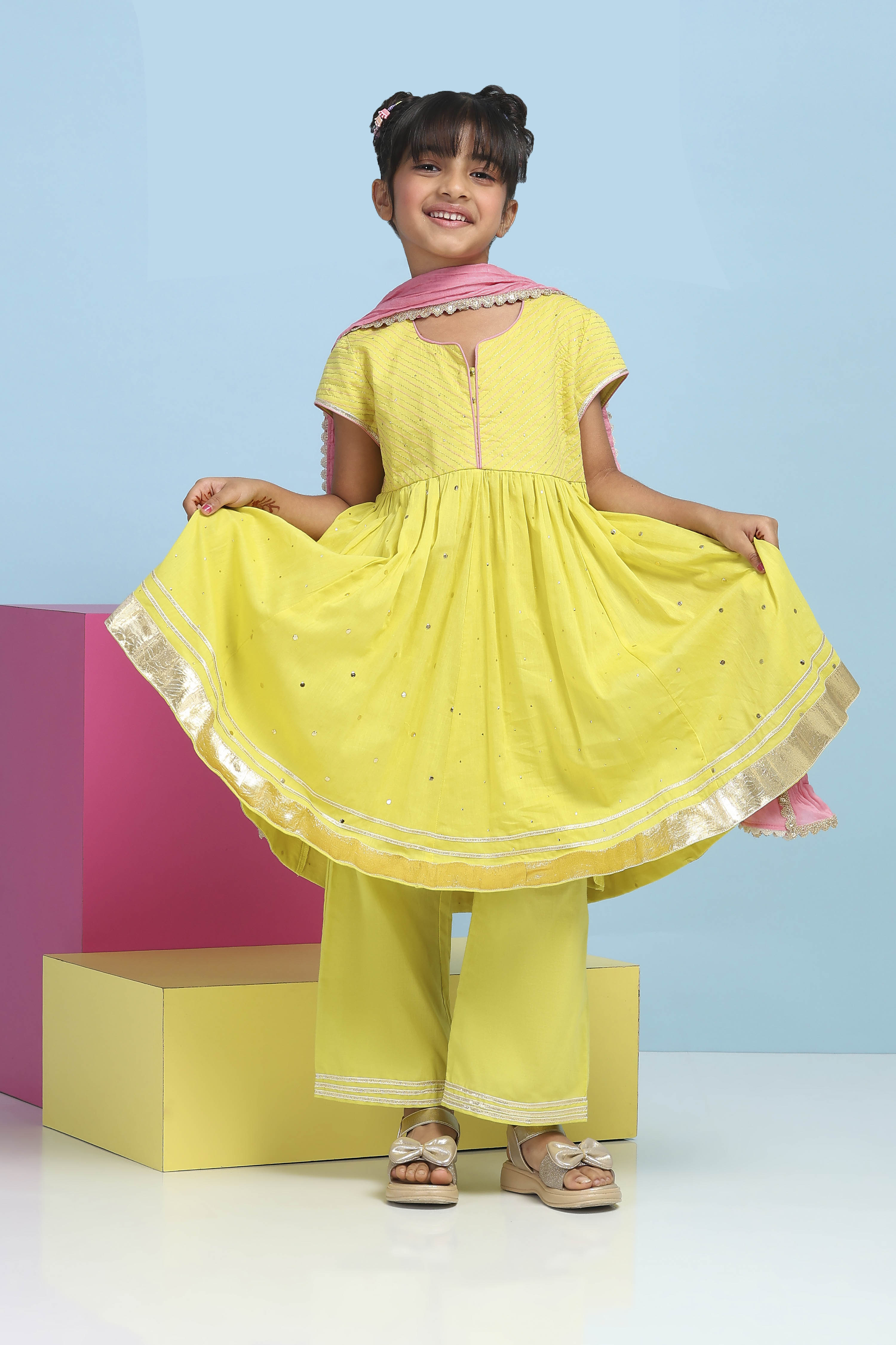 Lime Green Cotton Embroidered Anarkali Suit Set image number 6