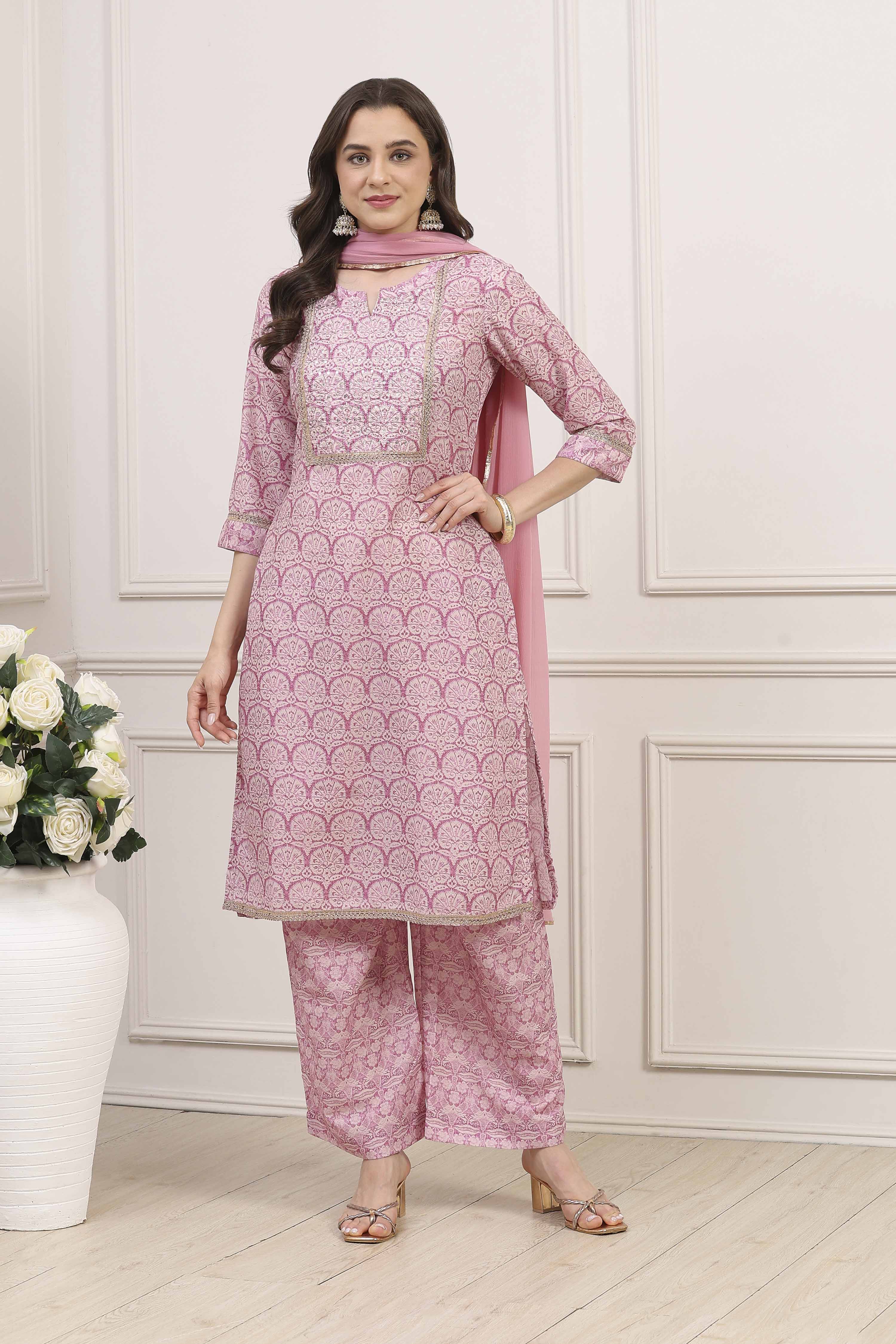 Pink Cotton Blend Straight Kurta Palazzo Suit Set image number 6