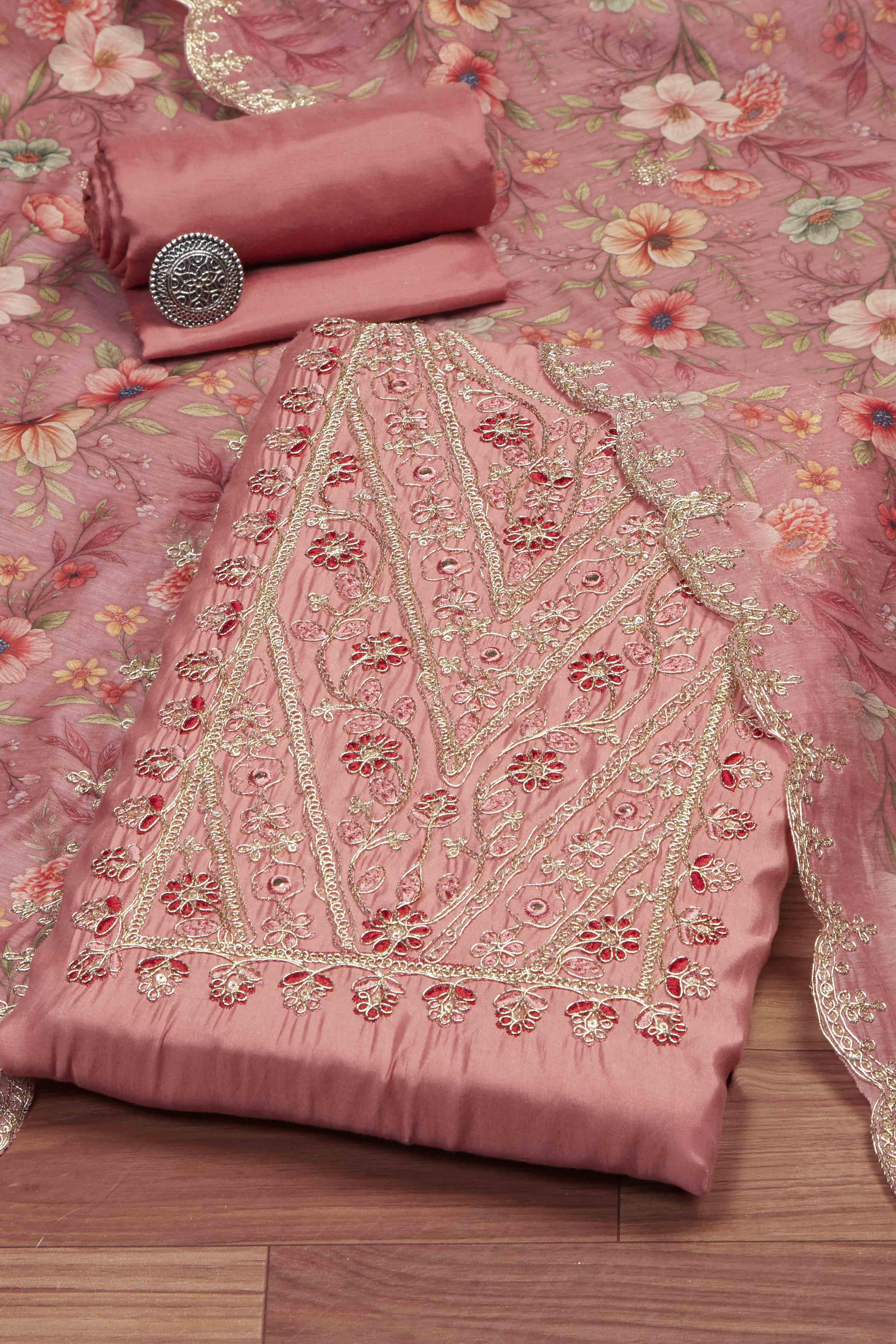 Teal Chanderi Unstitched Suit Set image number 0
