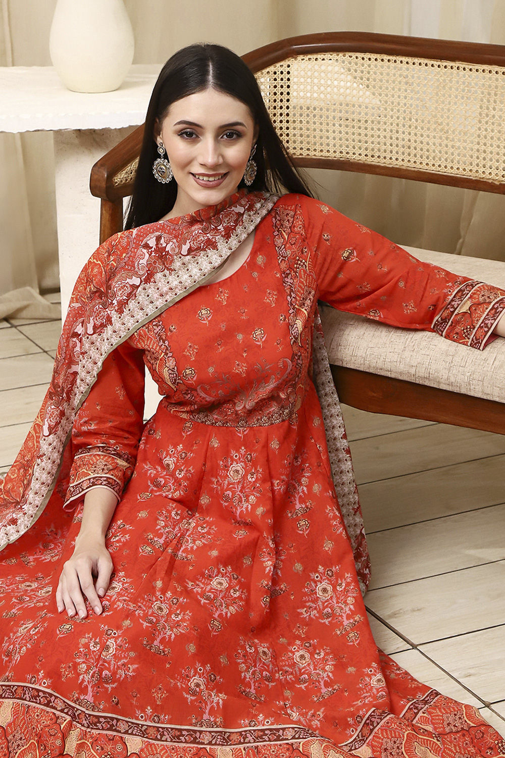 Blue Cotton Printed Anarkali Suit Set image number 0
