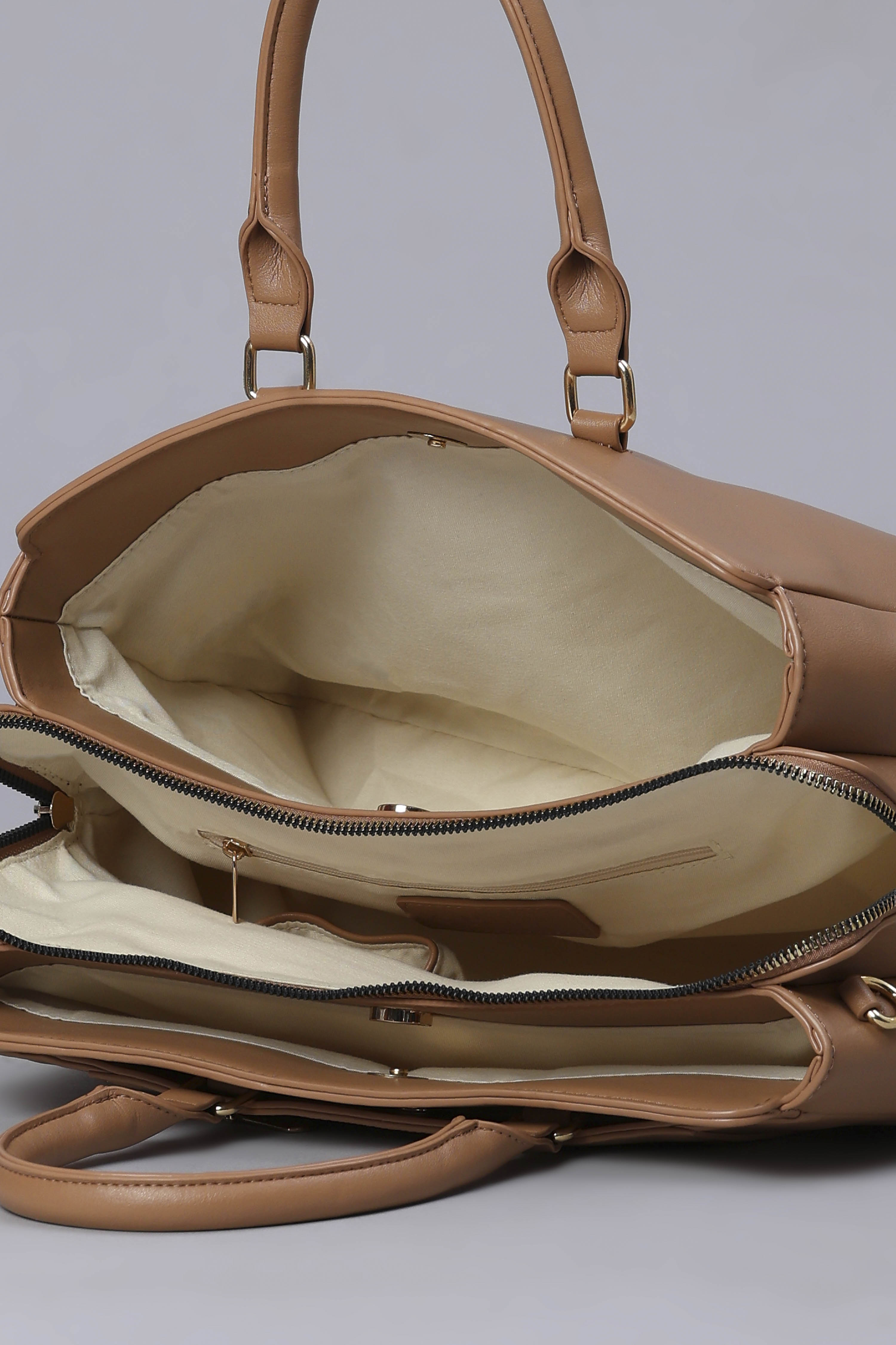 Brown PU Solid Structured Handheld Bag image number 5