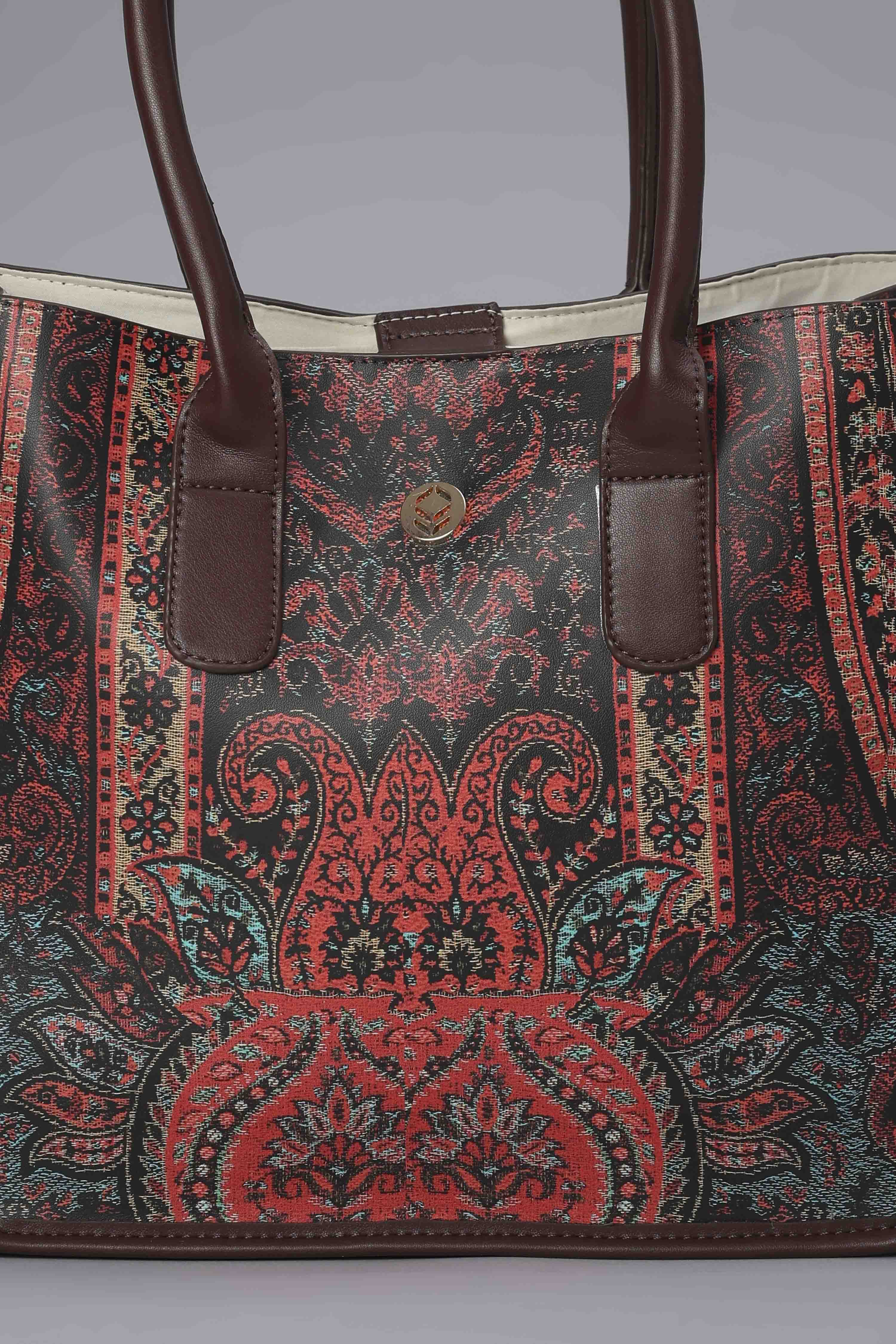 Brown PU Printed Structured Tote Bag image number 6