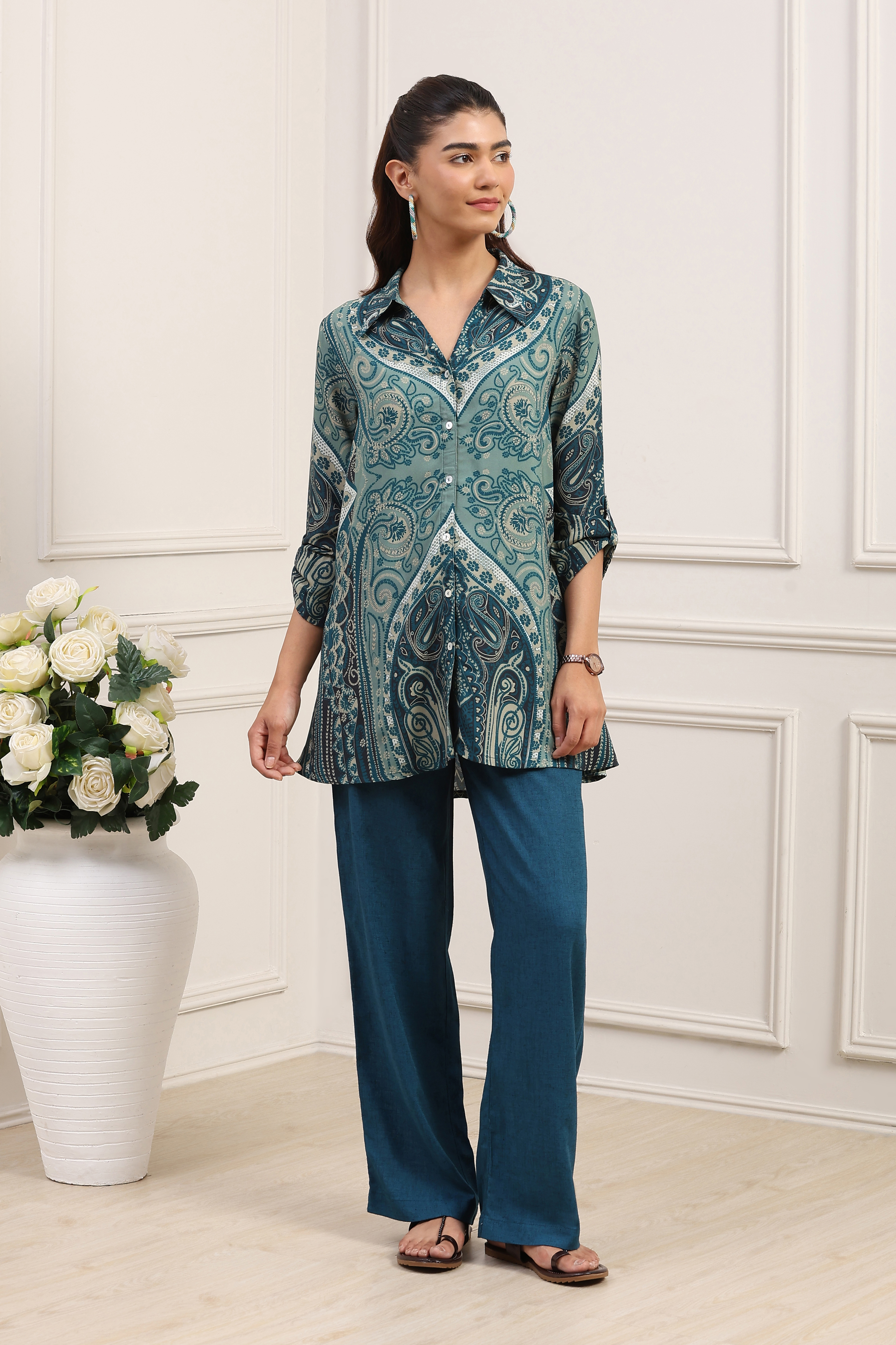 Teal LIVA Straight Printed Shirt image number 6