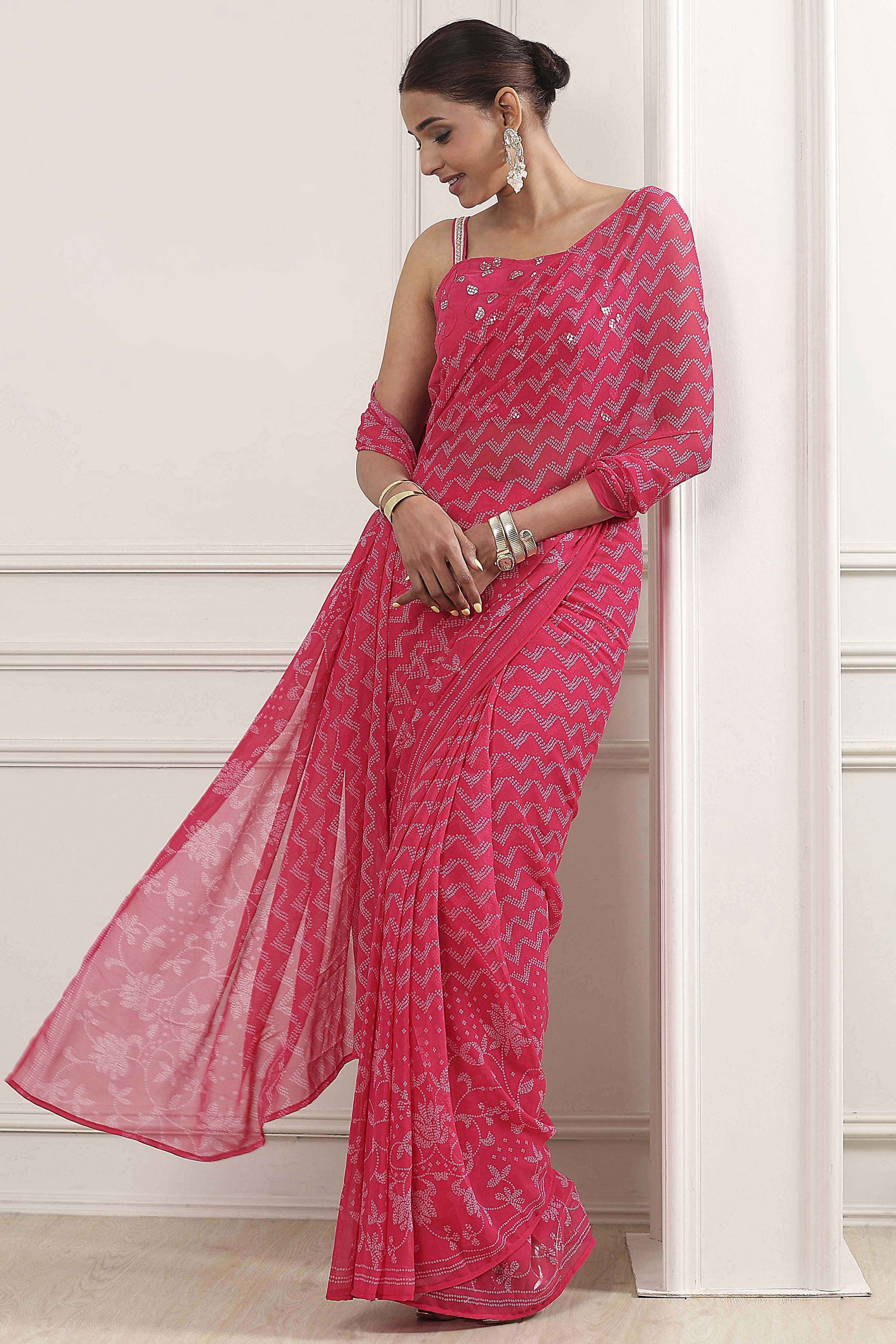 Pink Poly Georgette Printed Saree With Blouse image number 7