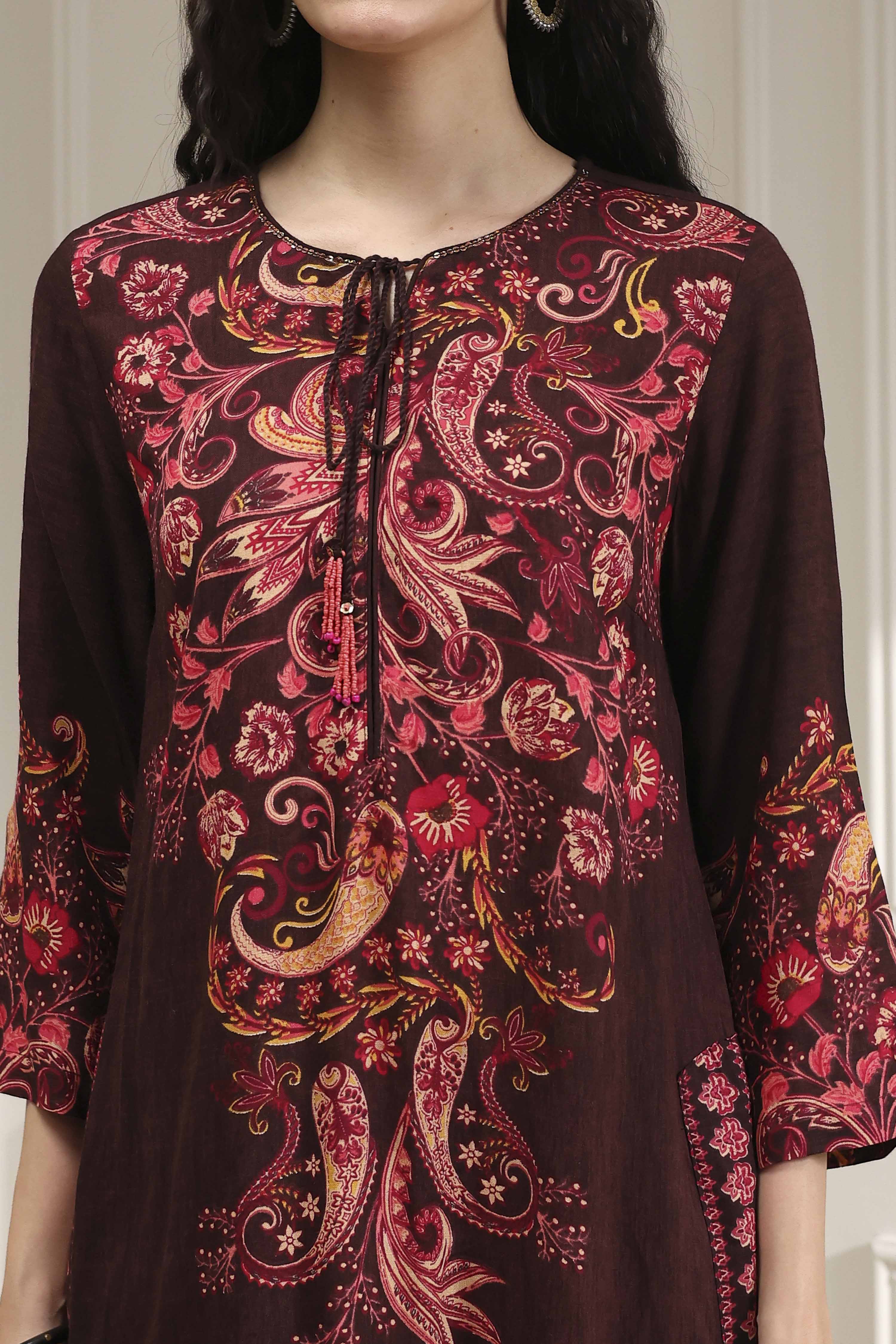 Brown Printed Straight Suit Set image number 1