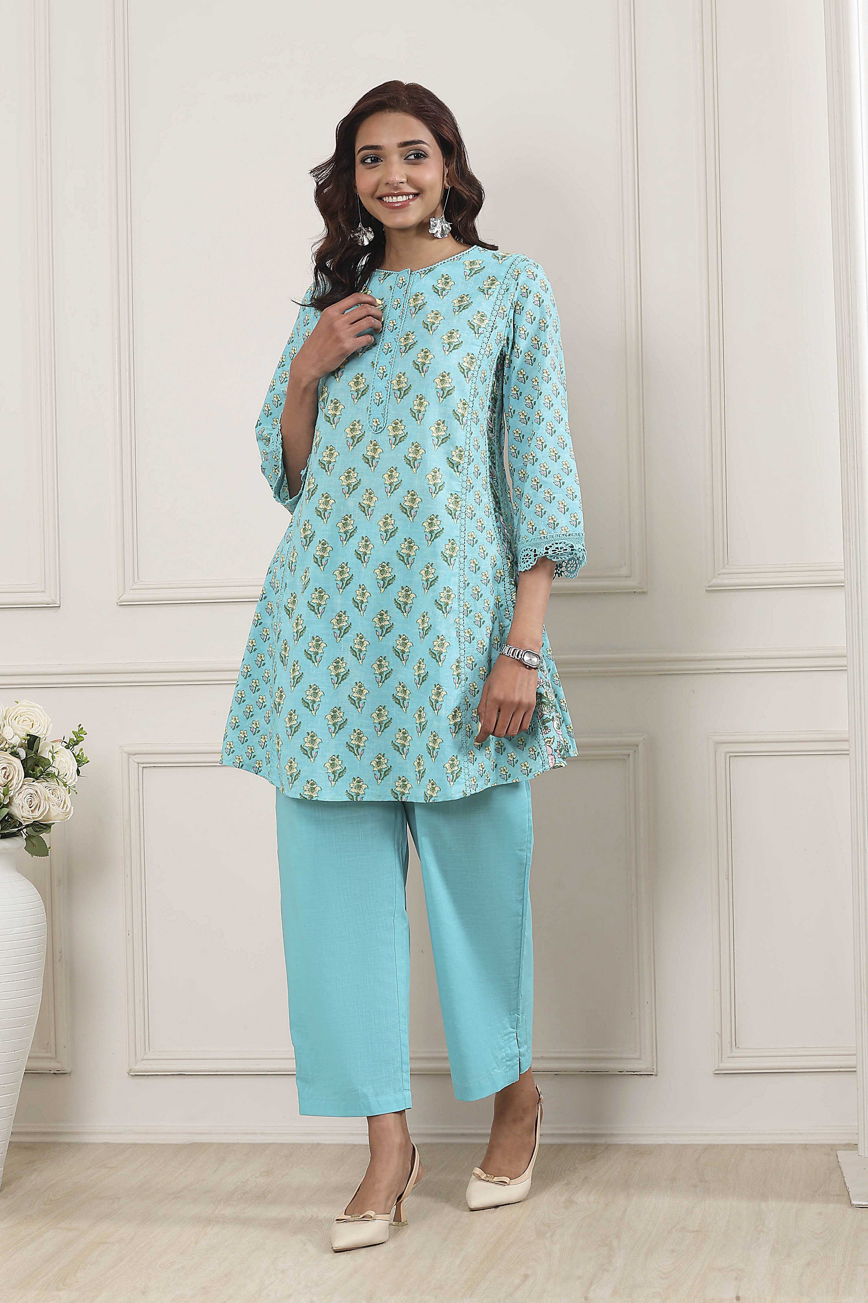 Turquoise Cotton Printed Kalidar Kurta Set image number 6