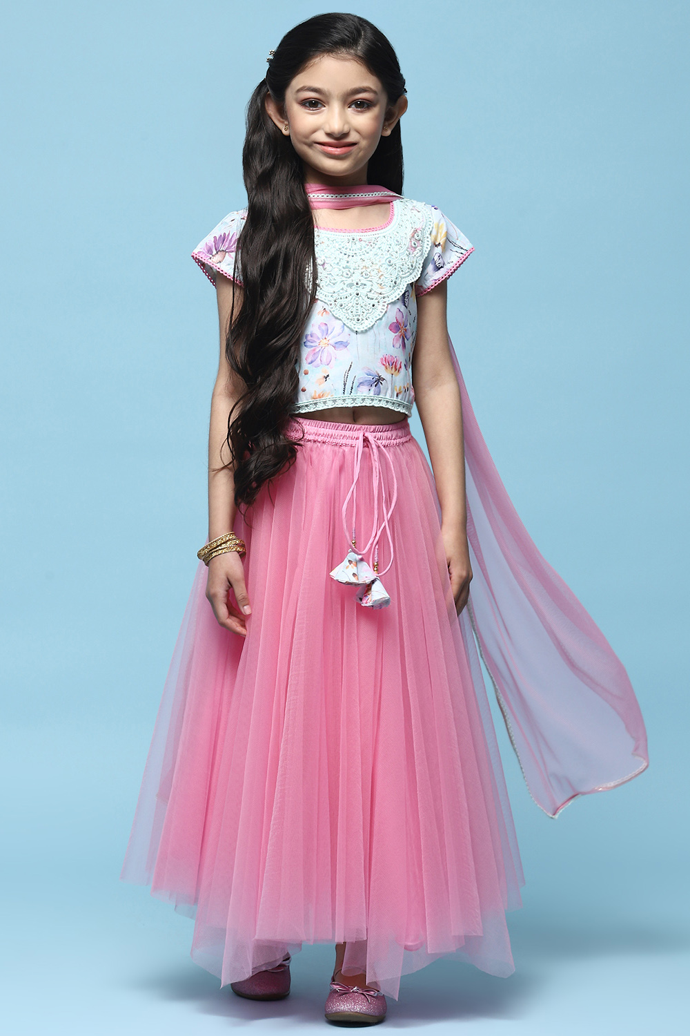 Pink Net Lehenga With Cotton Floral Blouse & Net Dupatta image number 7