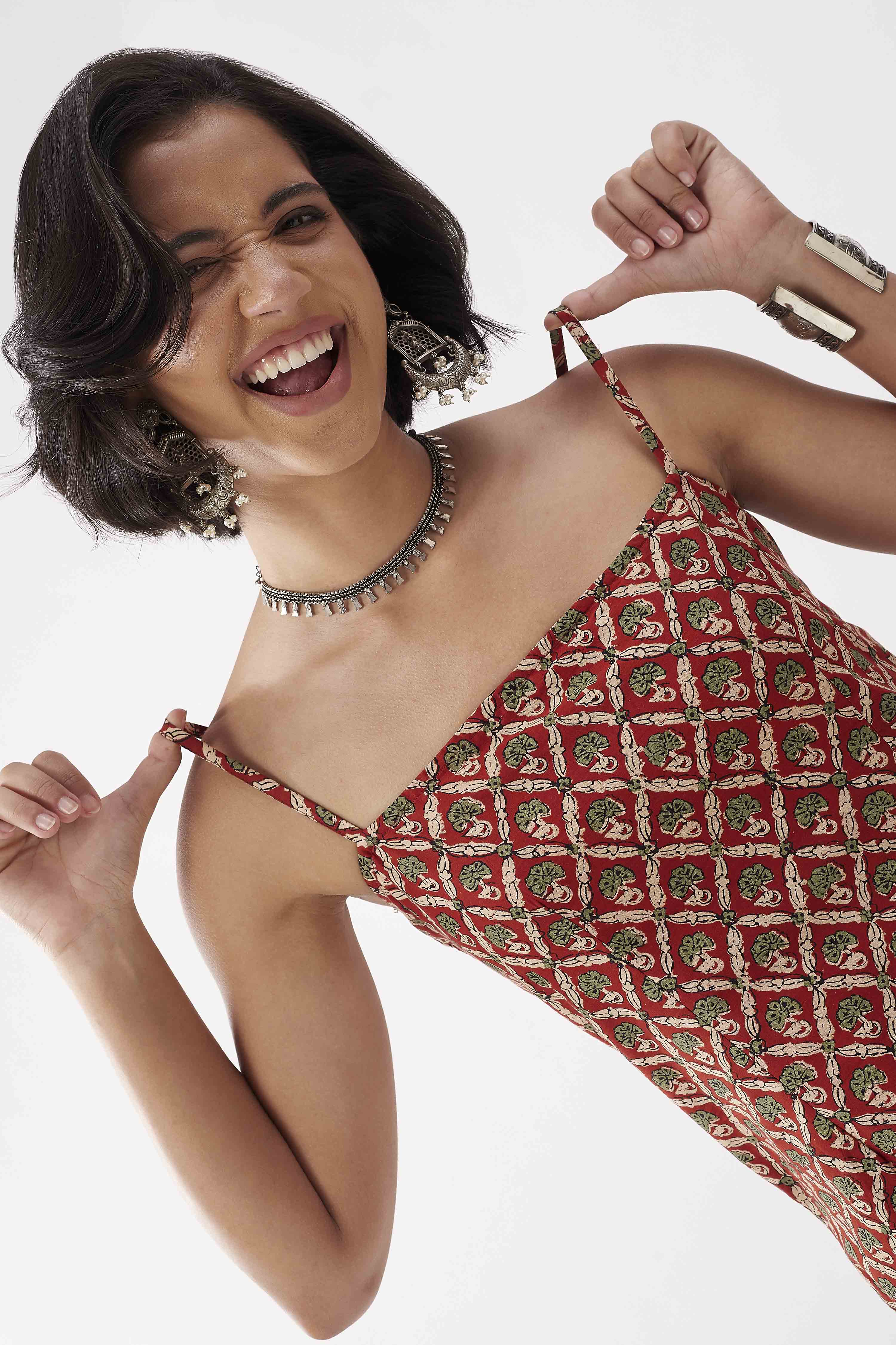 Rust Cotton Floral Printed Lace-Up Kurti image number 1