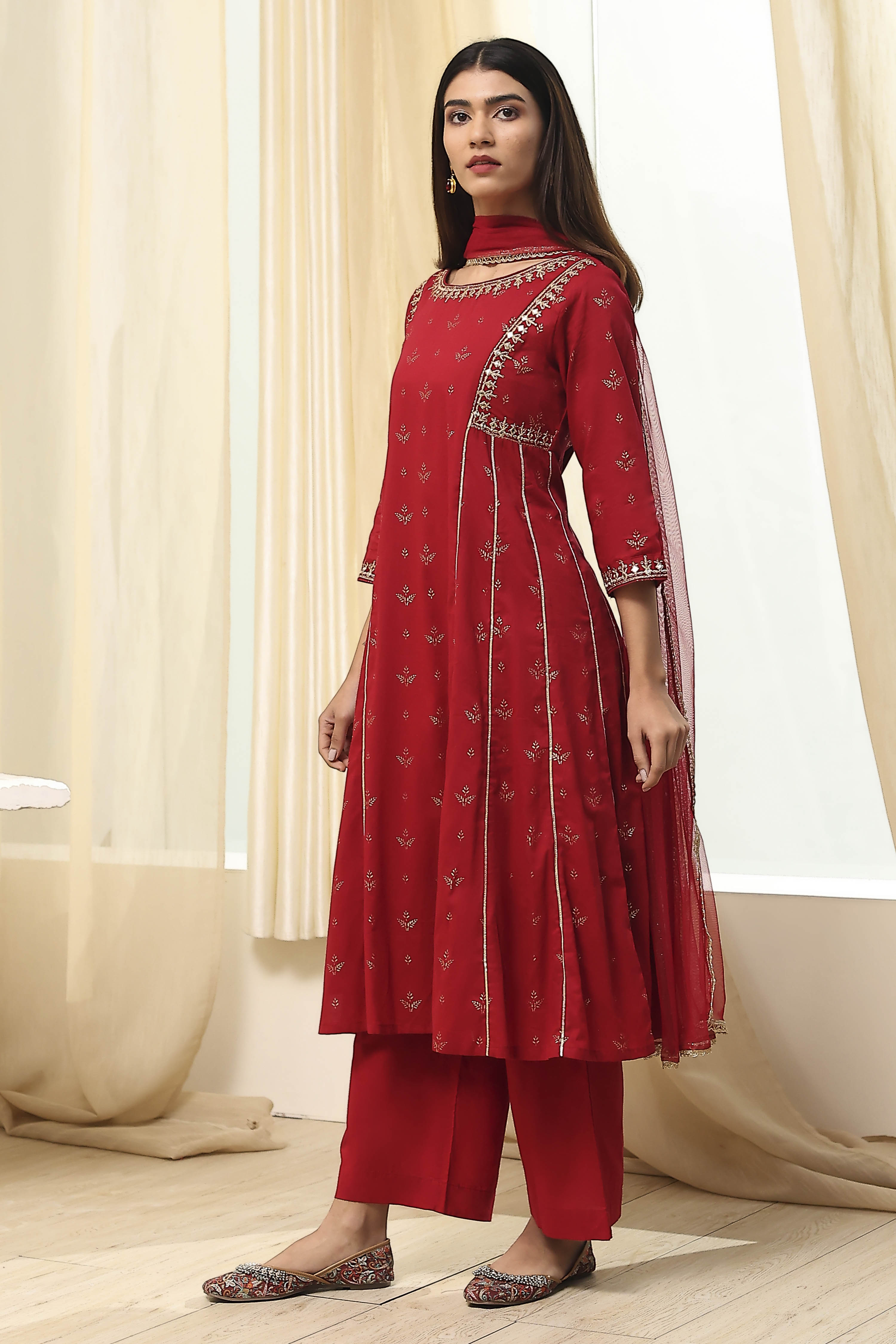 Red Cotton Foil Printed Kalidar Suit Set image number 3