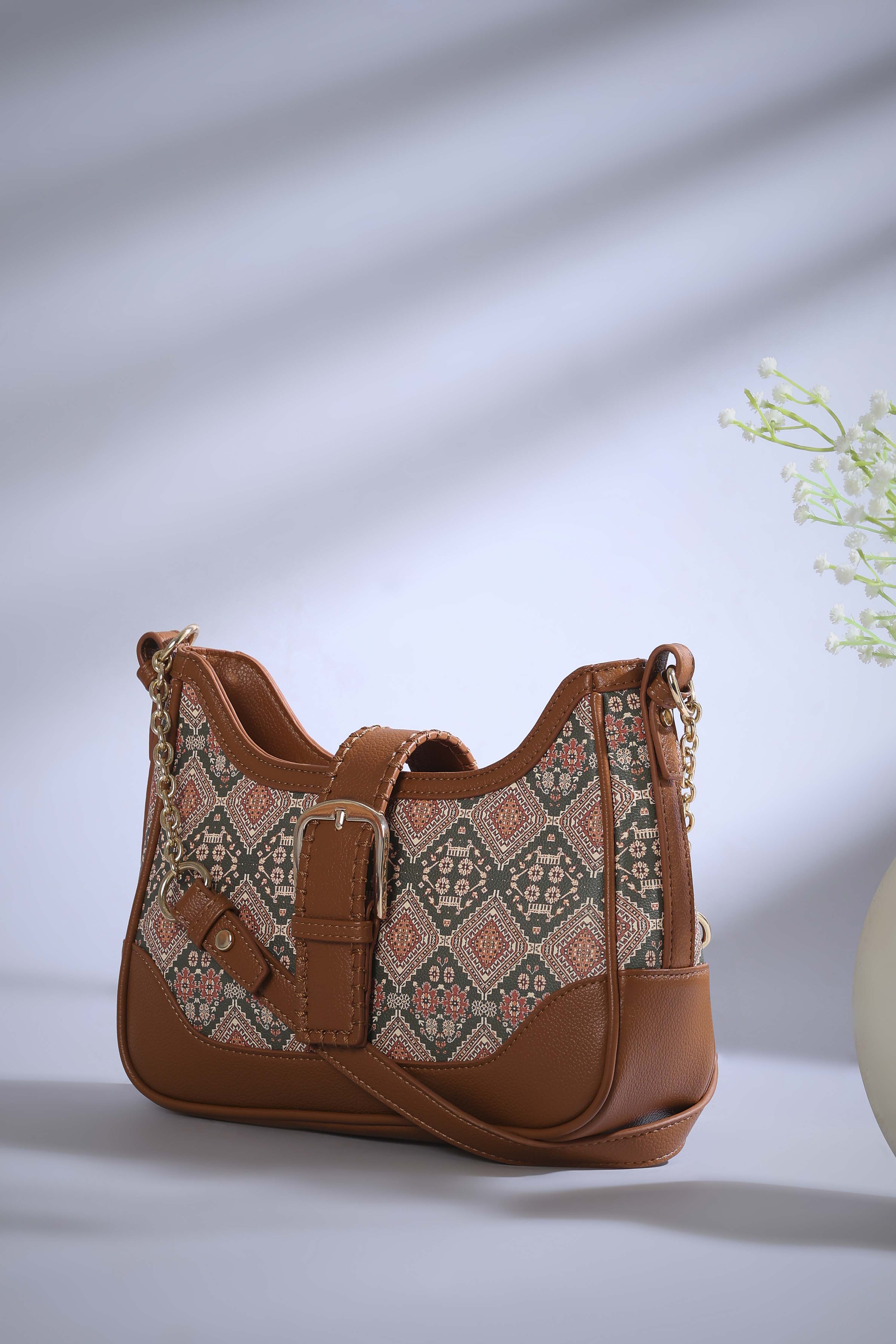 Brown PU Printed Structured Tote Bag image number 0