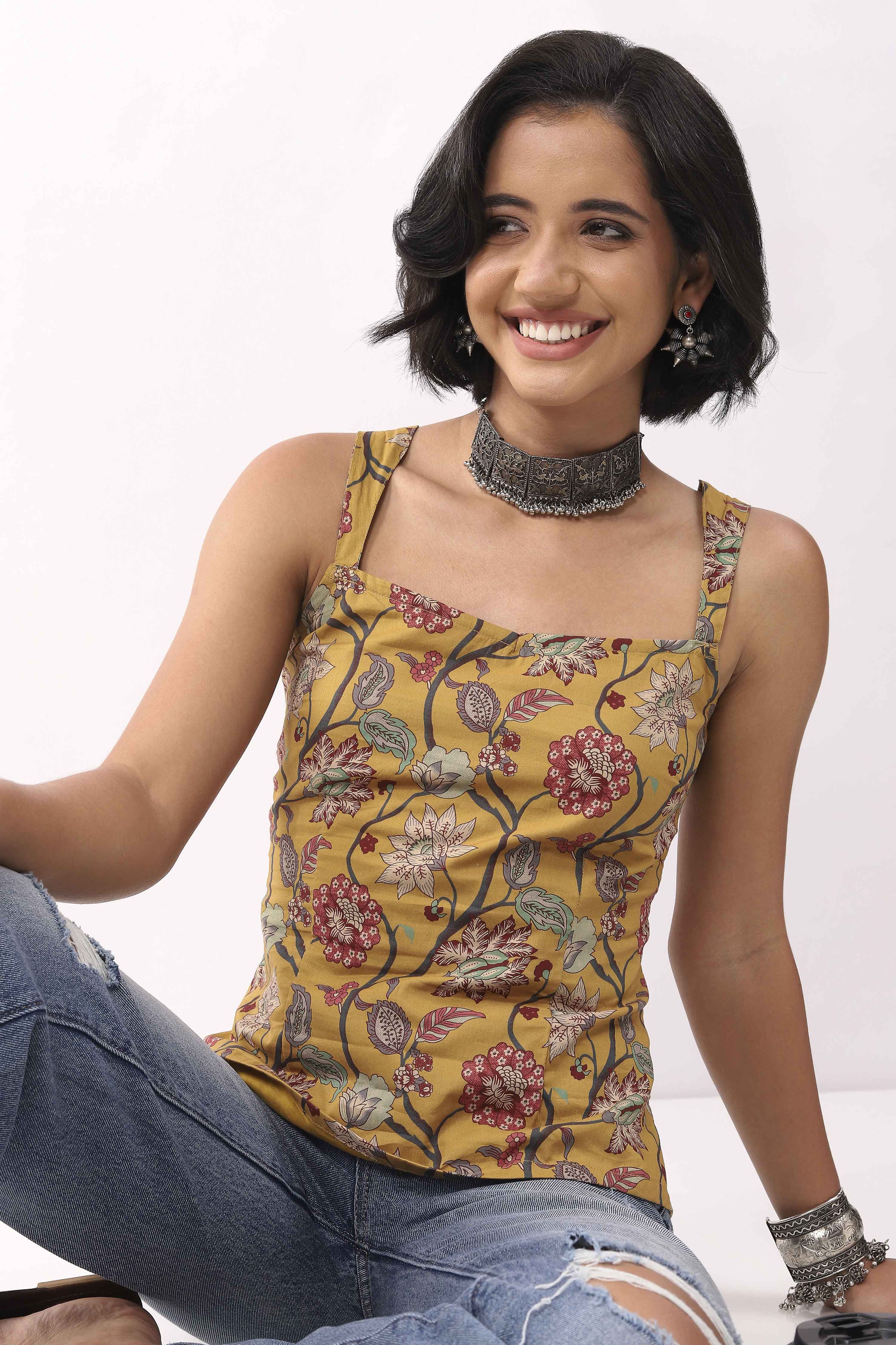 Mustard Cotton Floral Lace-Up Back Strappy Top image number 1