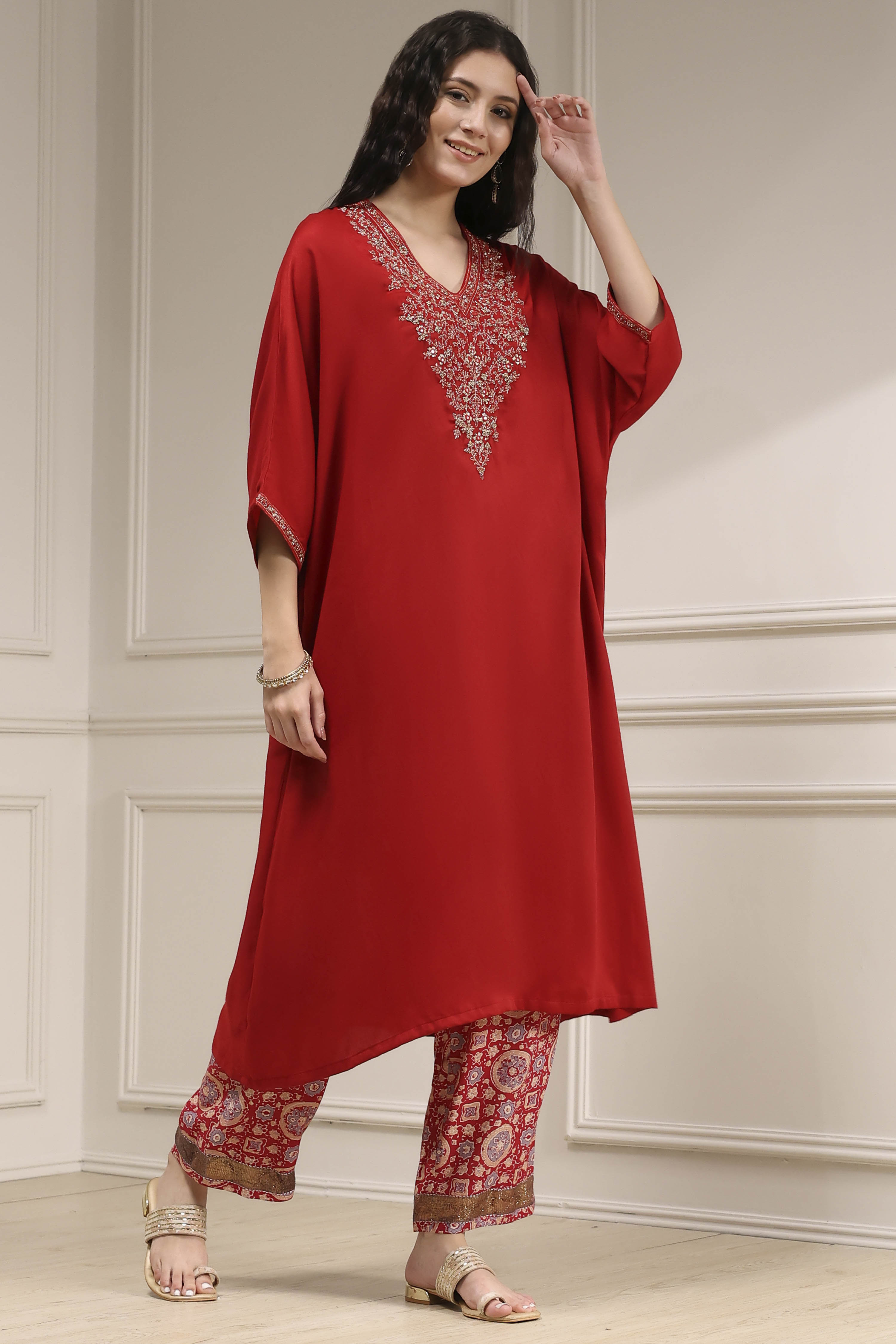Purple Satin Solid Kaftan-Style Kurta Set image number 5