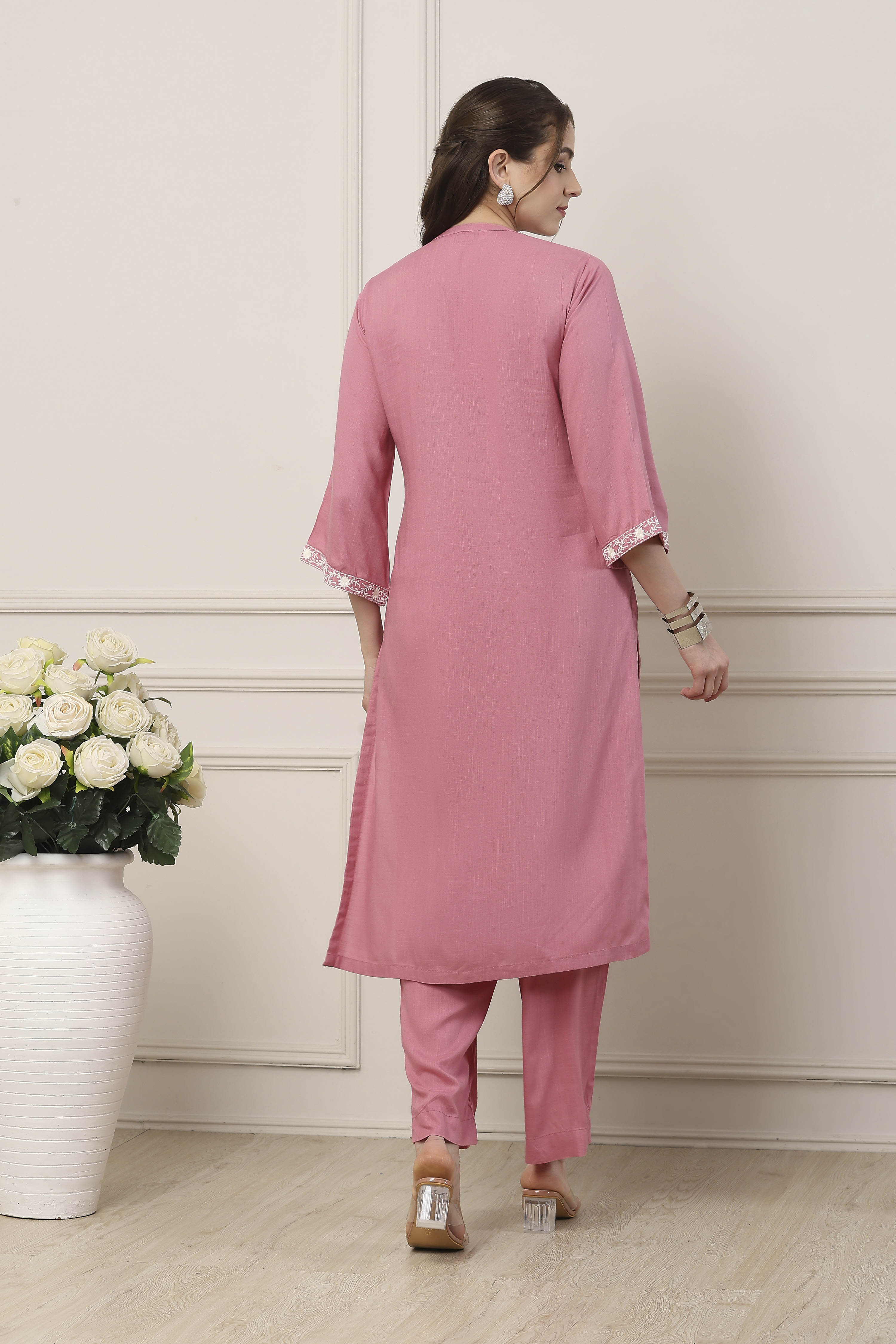 Pink Viscose Floral Embroidered Straight Suit Set image number 4