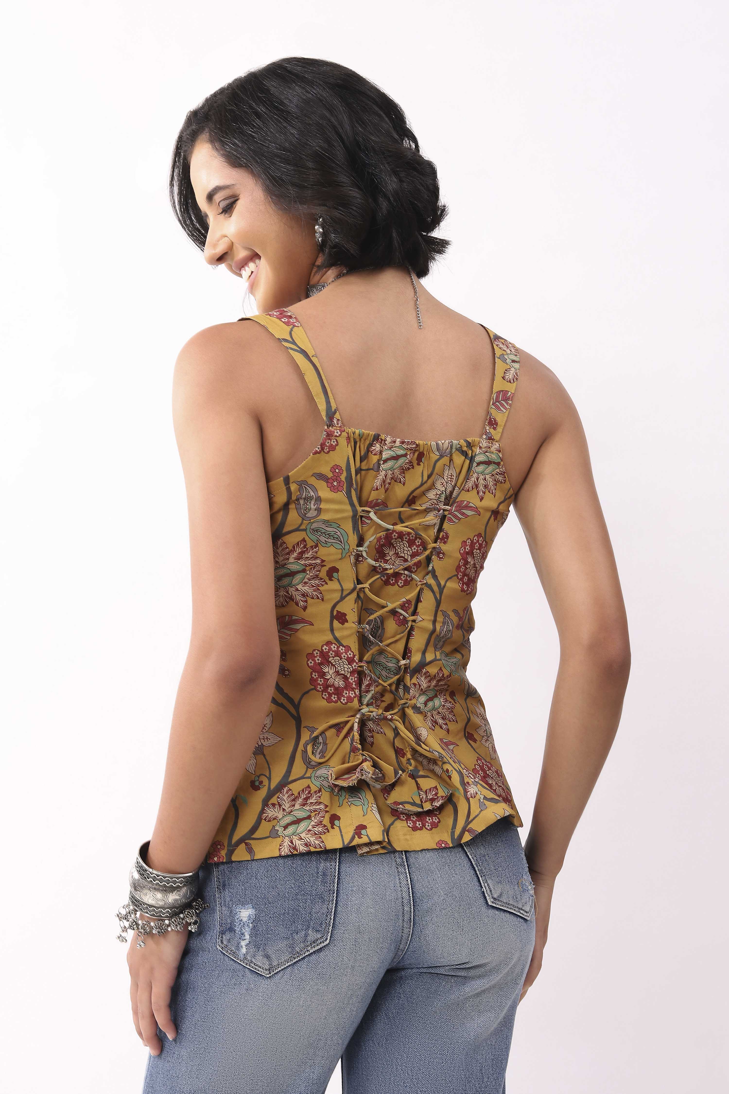 Mustard Cotton Floral Lace-Up Back Strappy Top image number 3