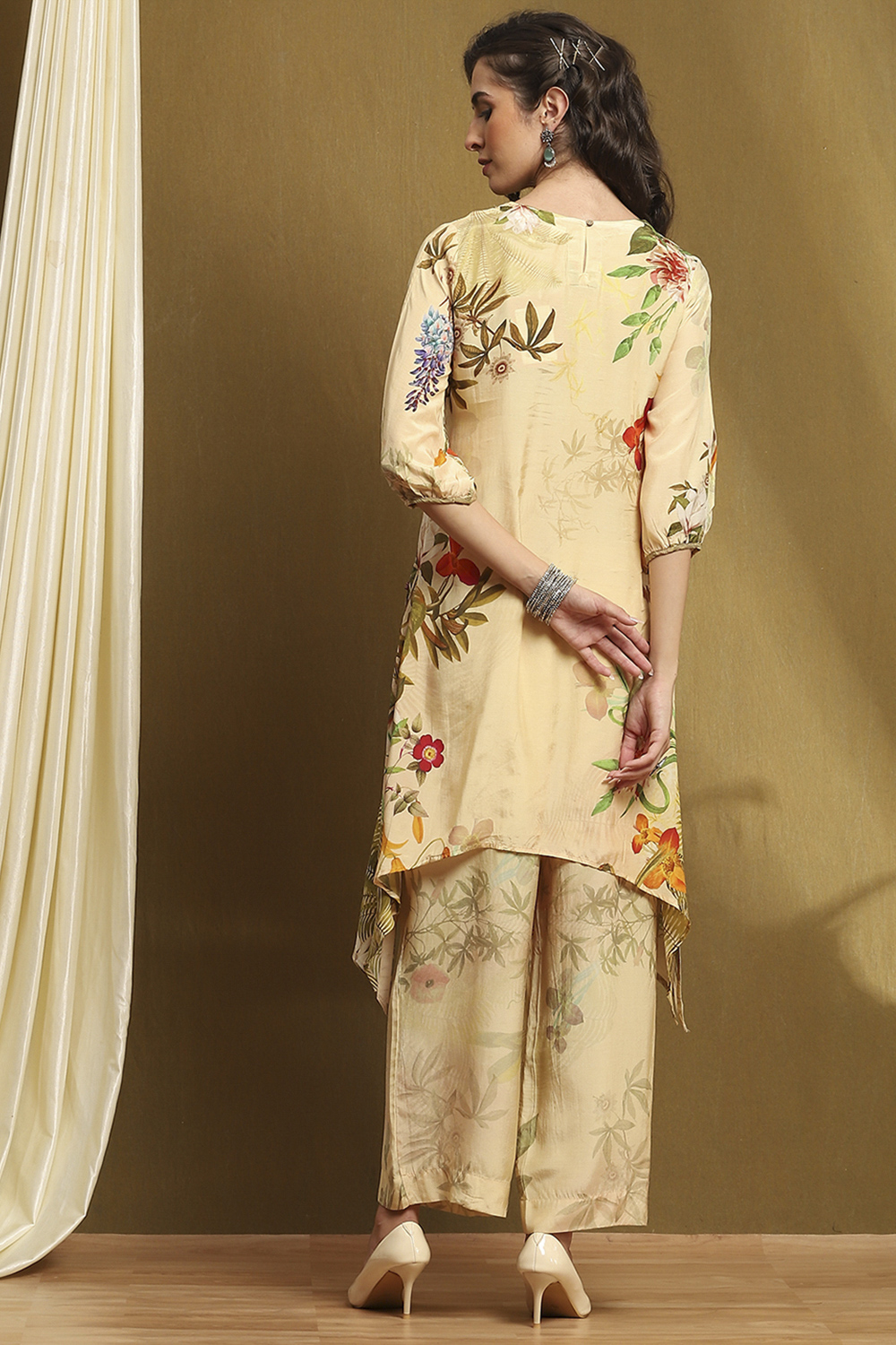Green Modal Floral Printed Asymmetric Kurta Set image number 4