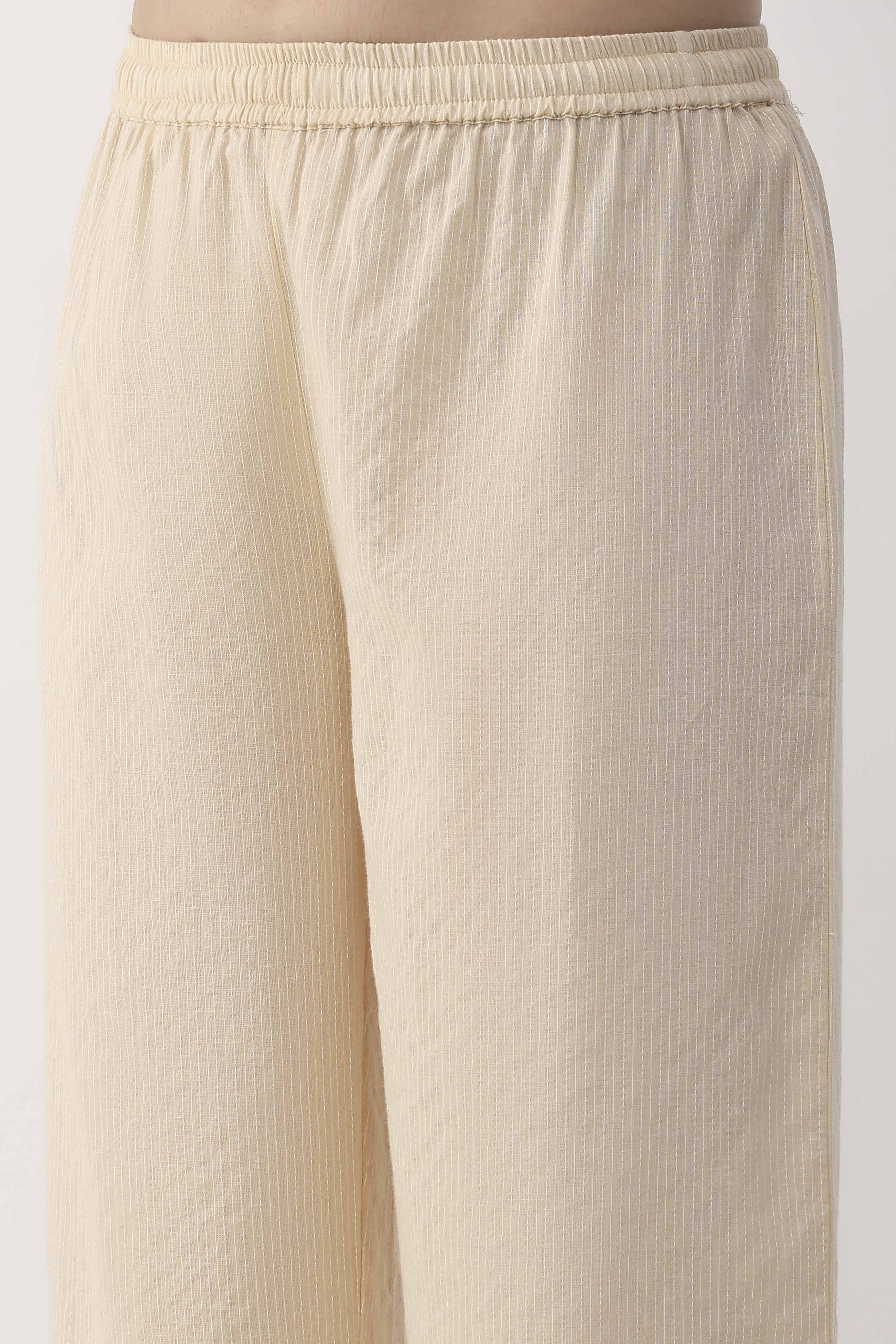 Beige Cotton Lace Trim Straight Palazzos image number 1