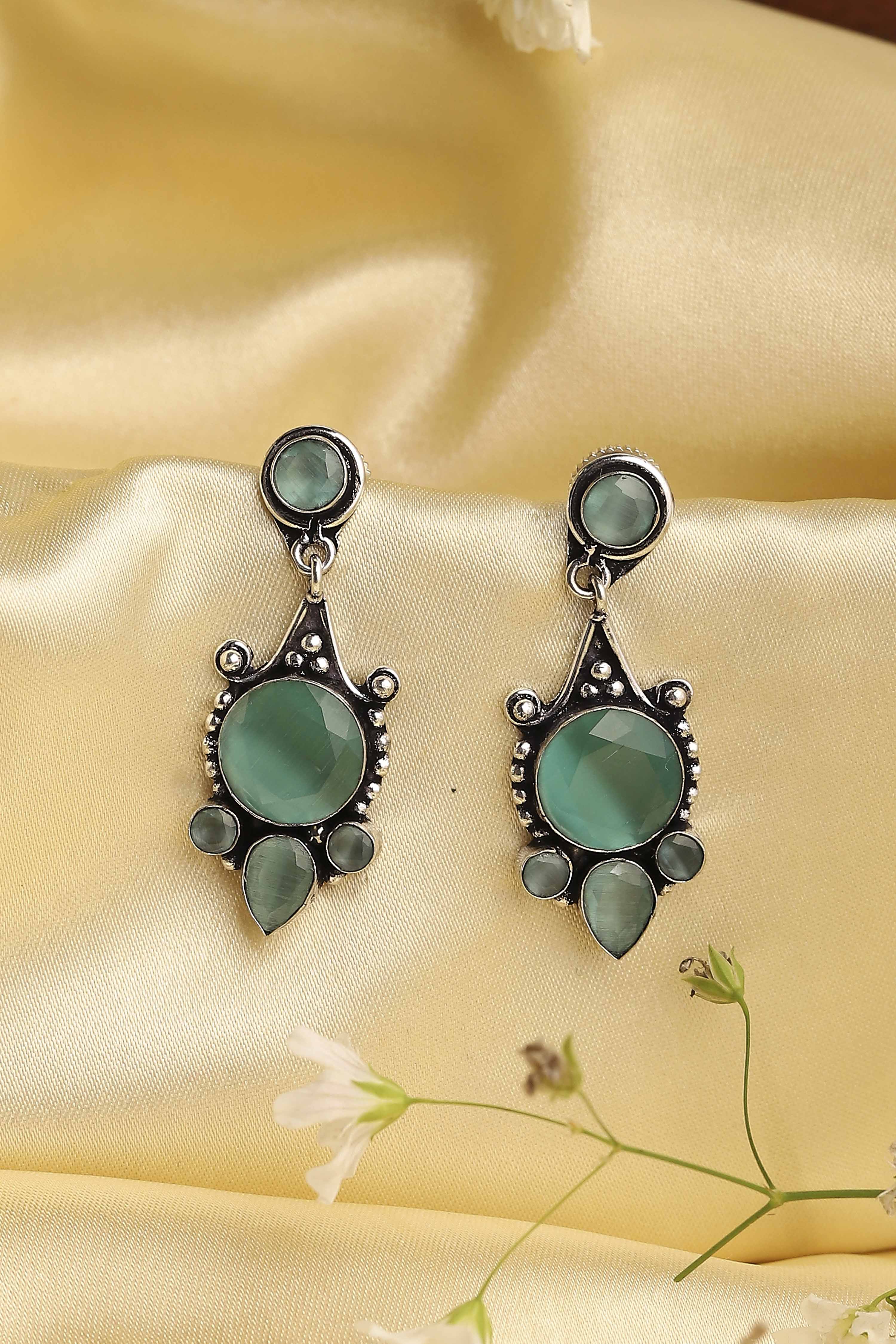 Silver Toned & Green Brass Studded Drop Earrings image number 0