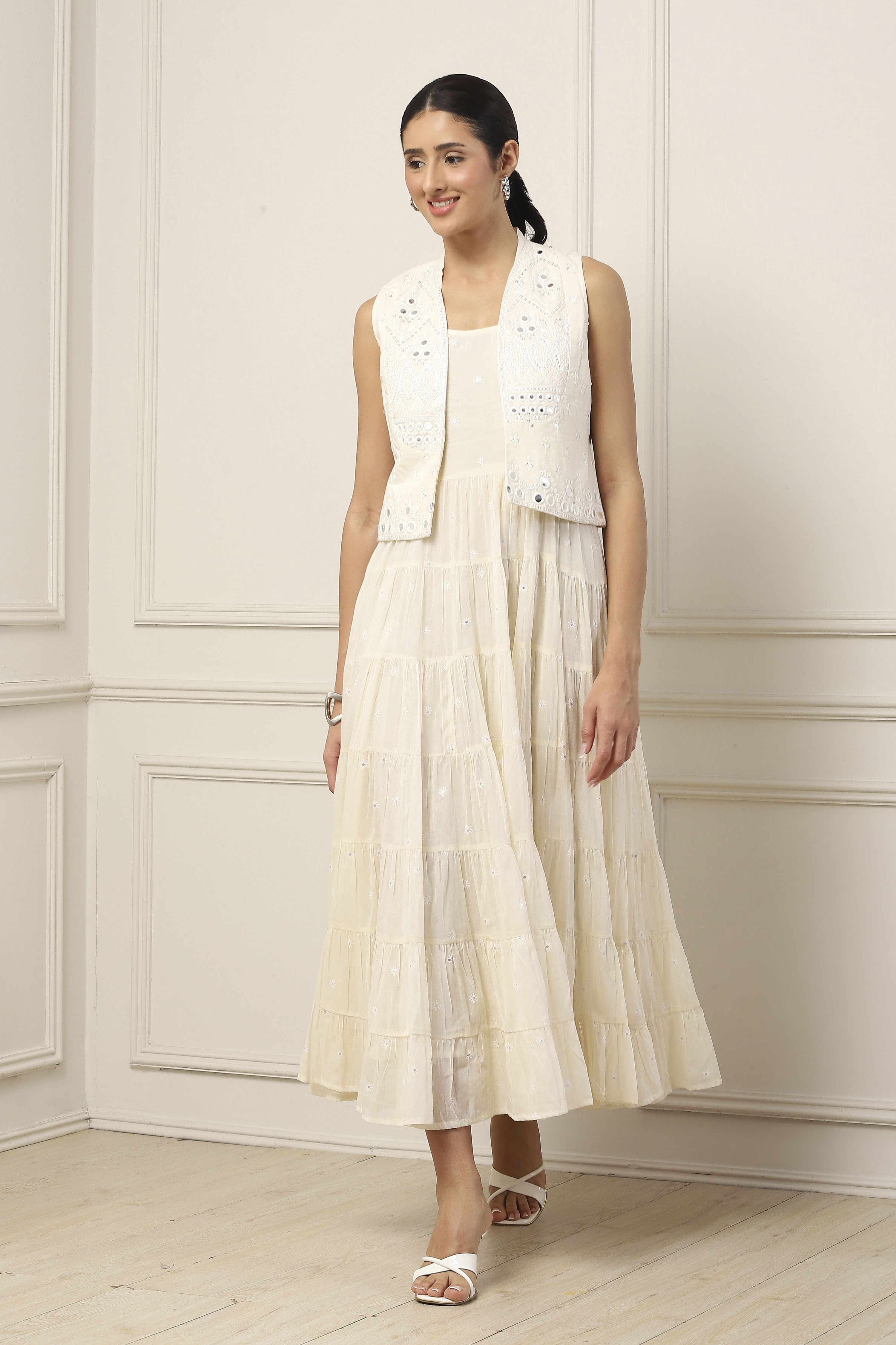 Yellow Cotton Embroidered Tiered Dress With Jacket image number 5