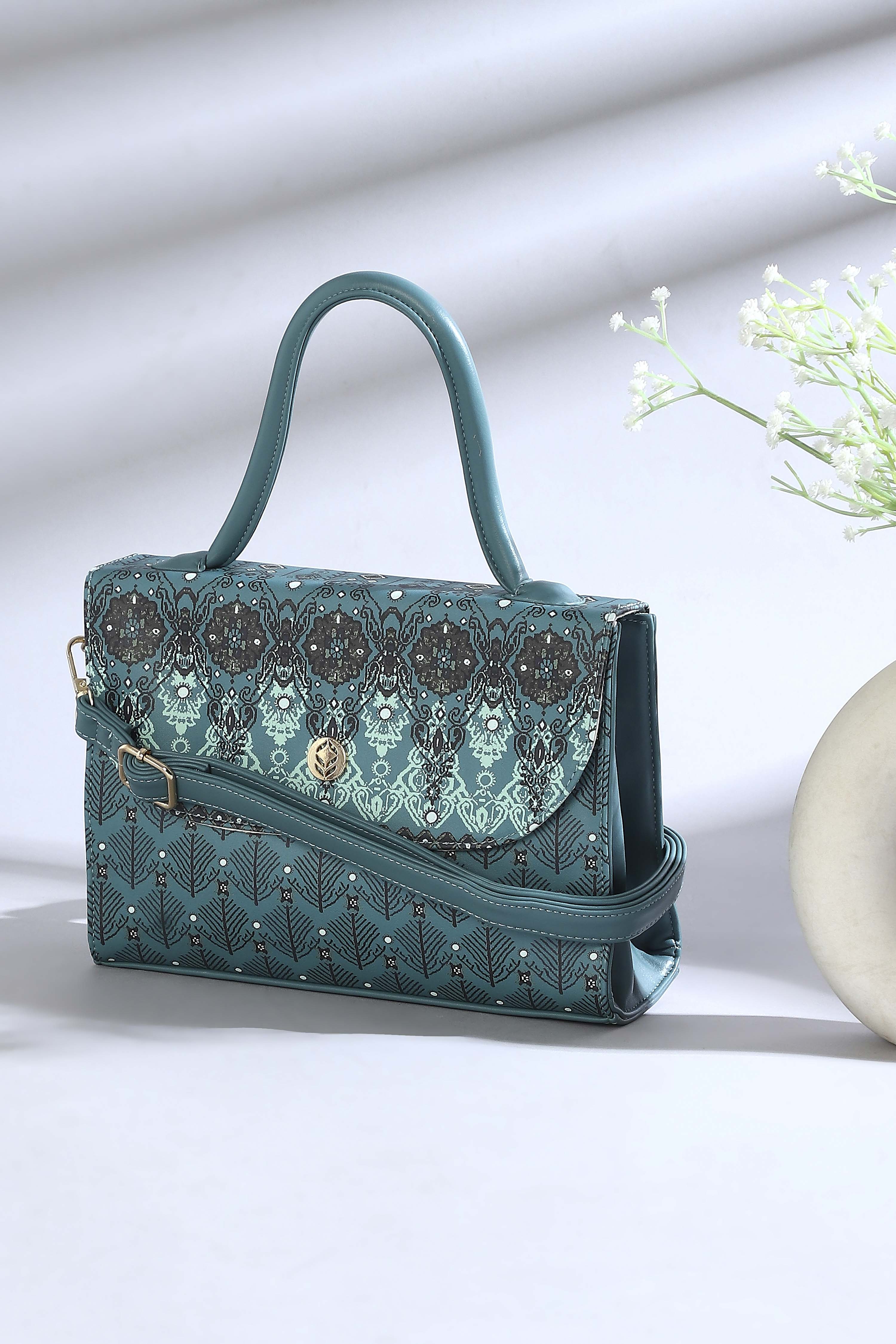 Teal Blue PU Printed Structured Satchel Bag image number 0