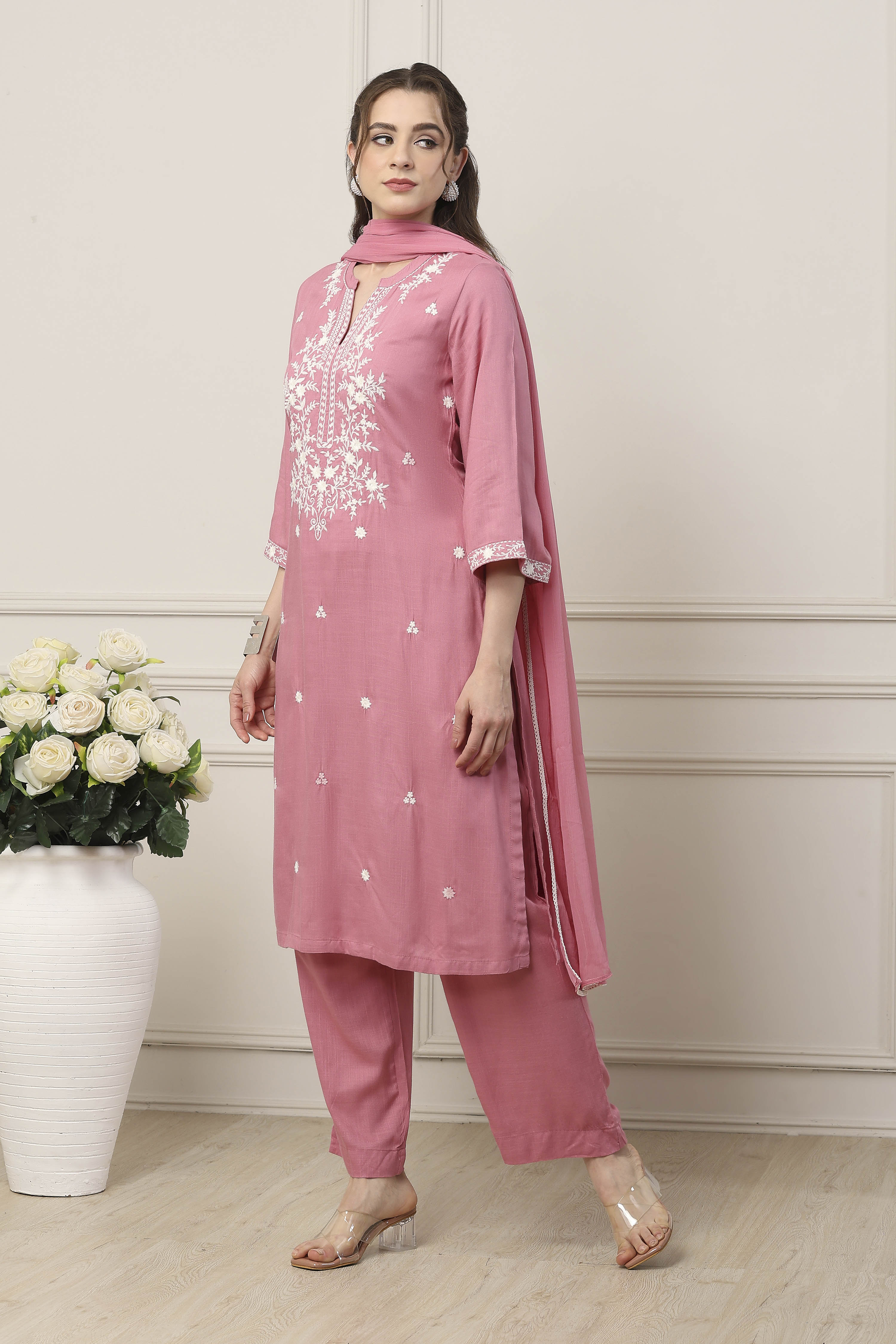 Pink Viscose Floral Embroidered Straight Suit Set image number 3