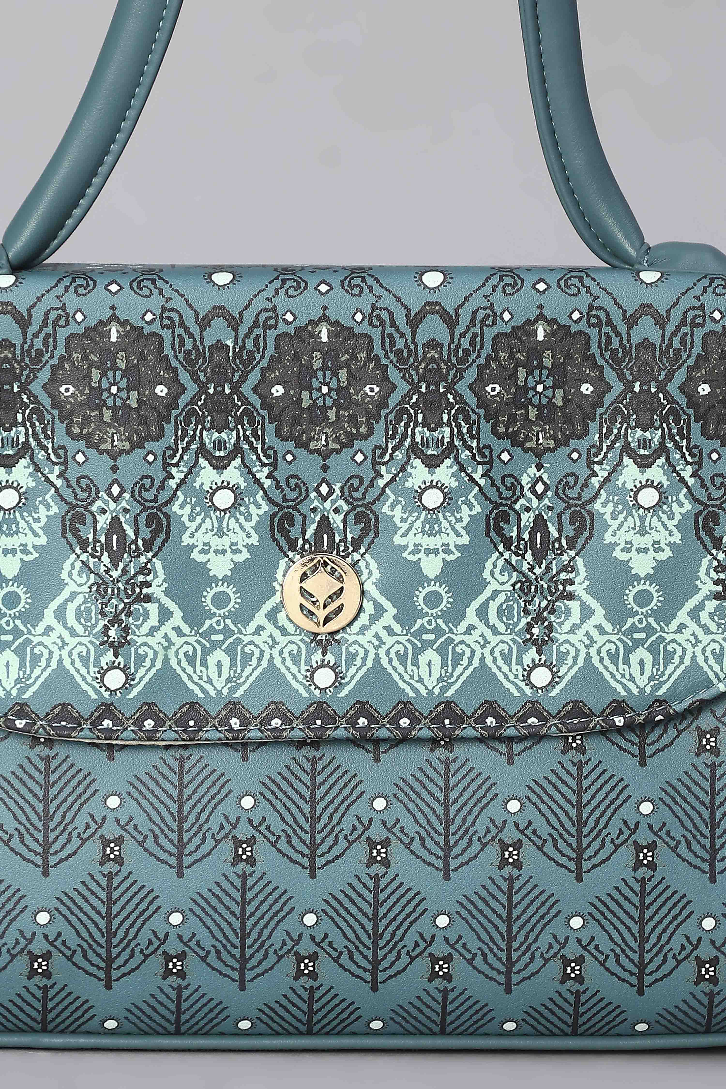 Teal Blue PU Printed Structured Satchel Bag image number 6