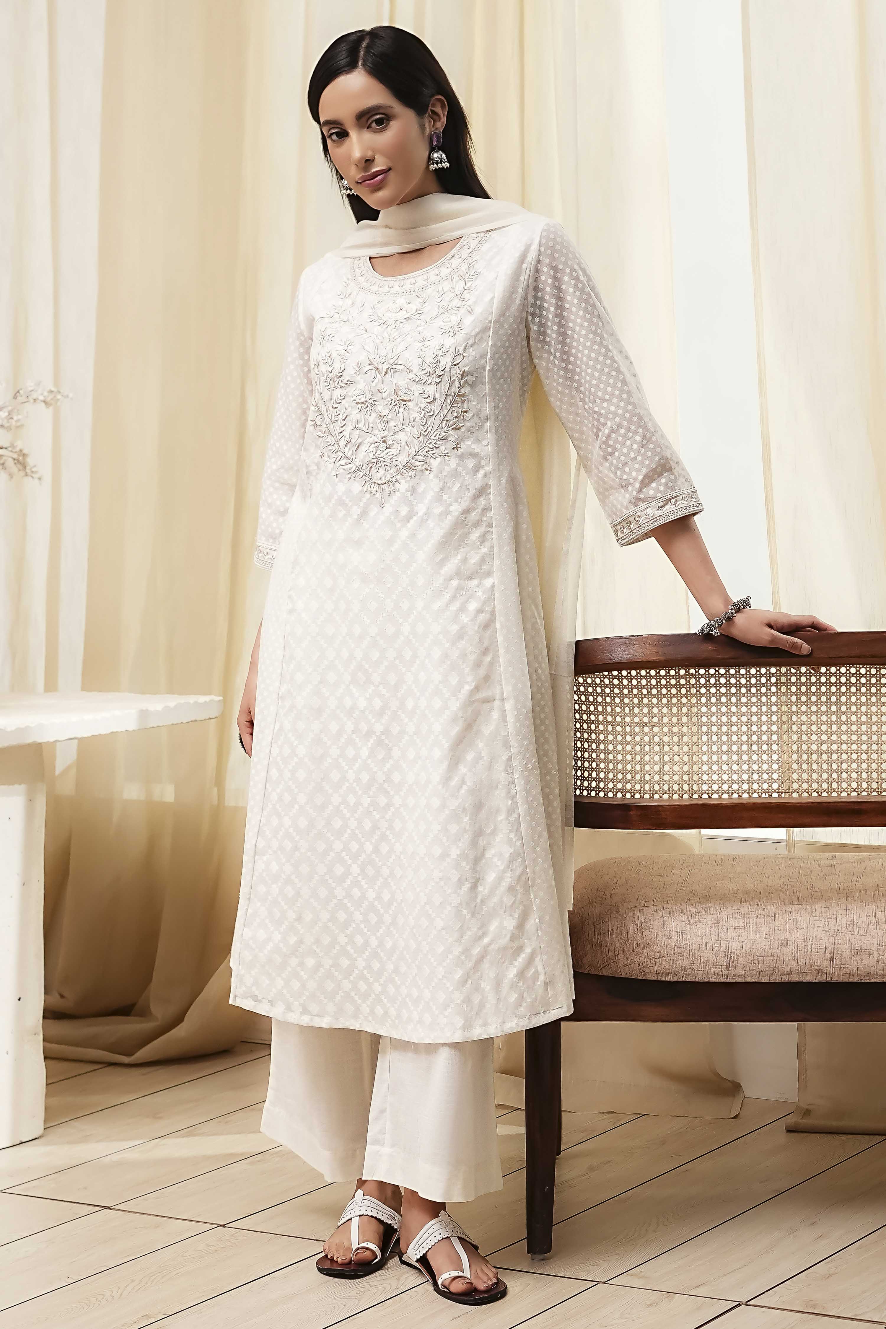 Off-White Embroidered Kalidar Suit Set image number 0