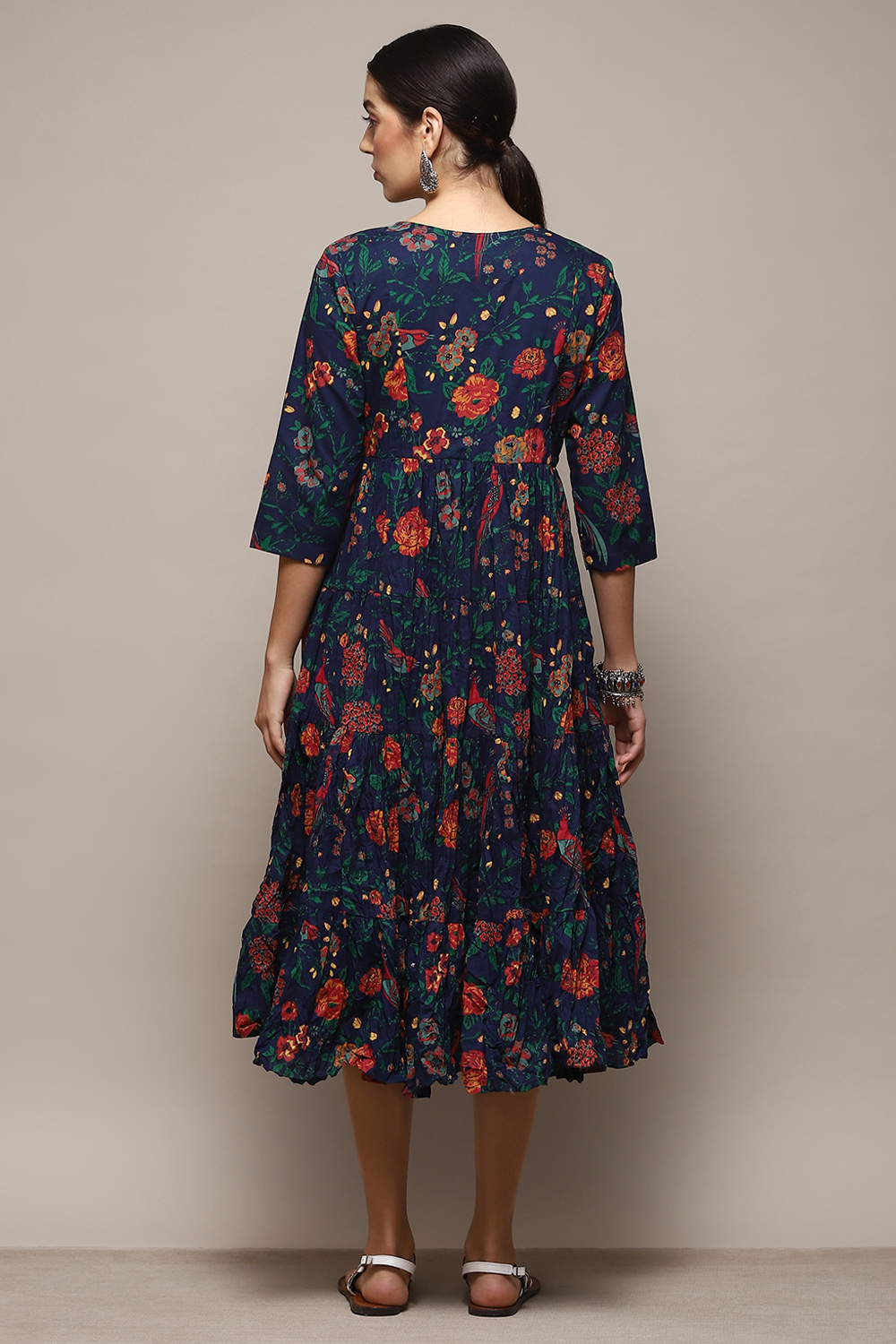Green & Maroon Cotton Flared Printed Dress image number 3
