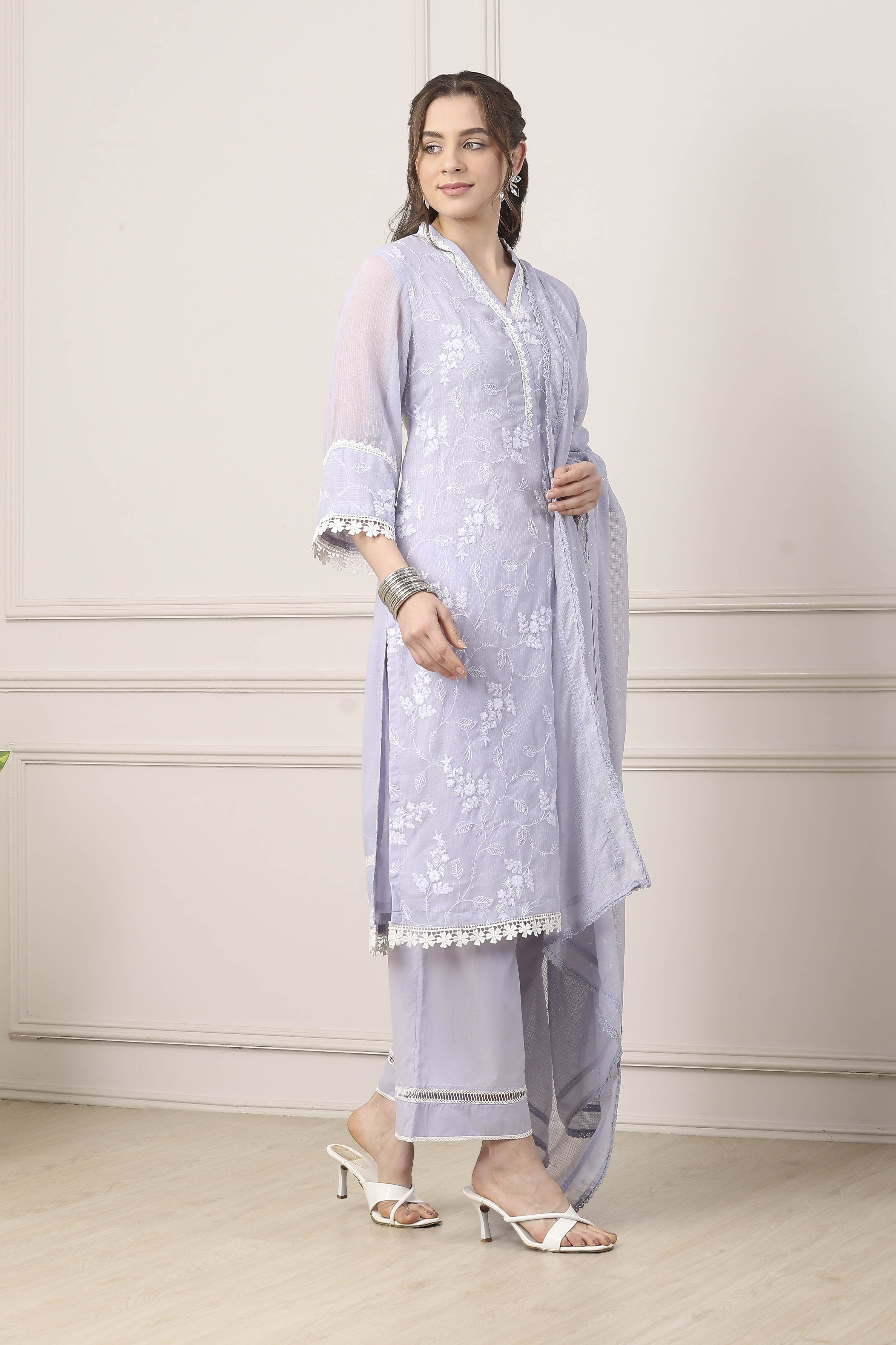 Lavender Cotton Floral Embroidered Straight Suit Set image number 5