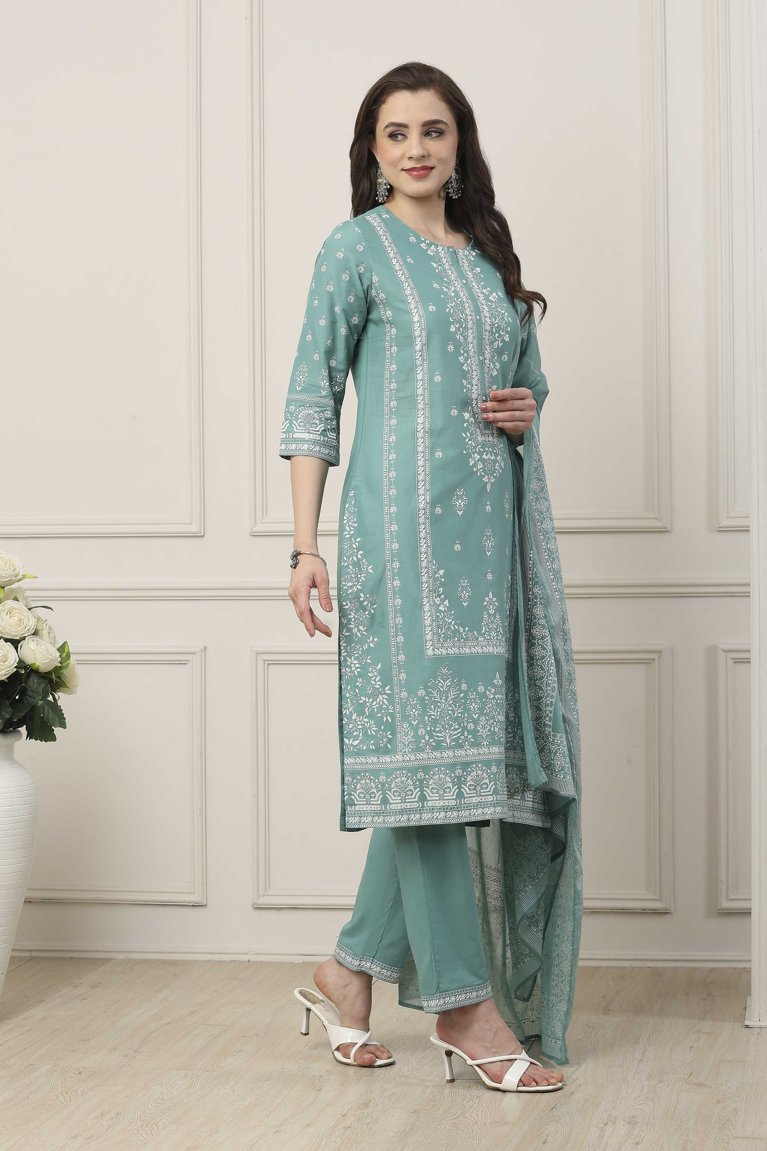 Turquoise Blue Cotton Floral Printed Straight Suit Set image number 5