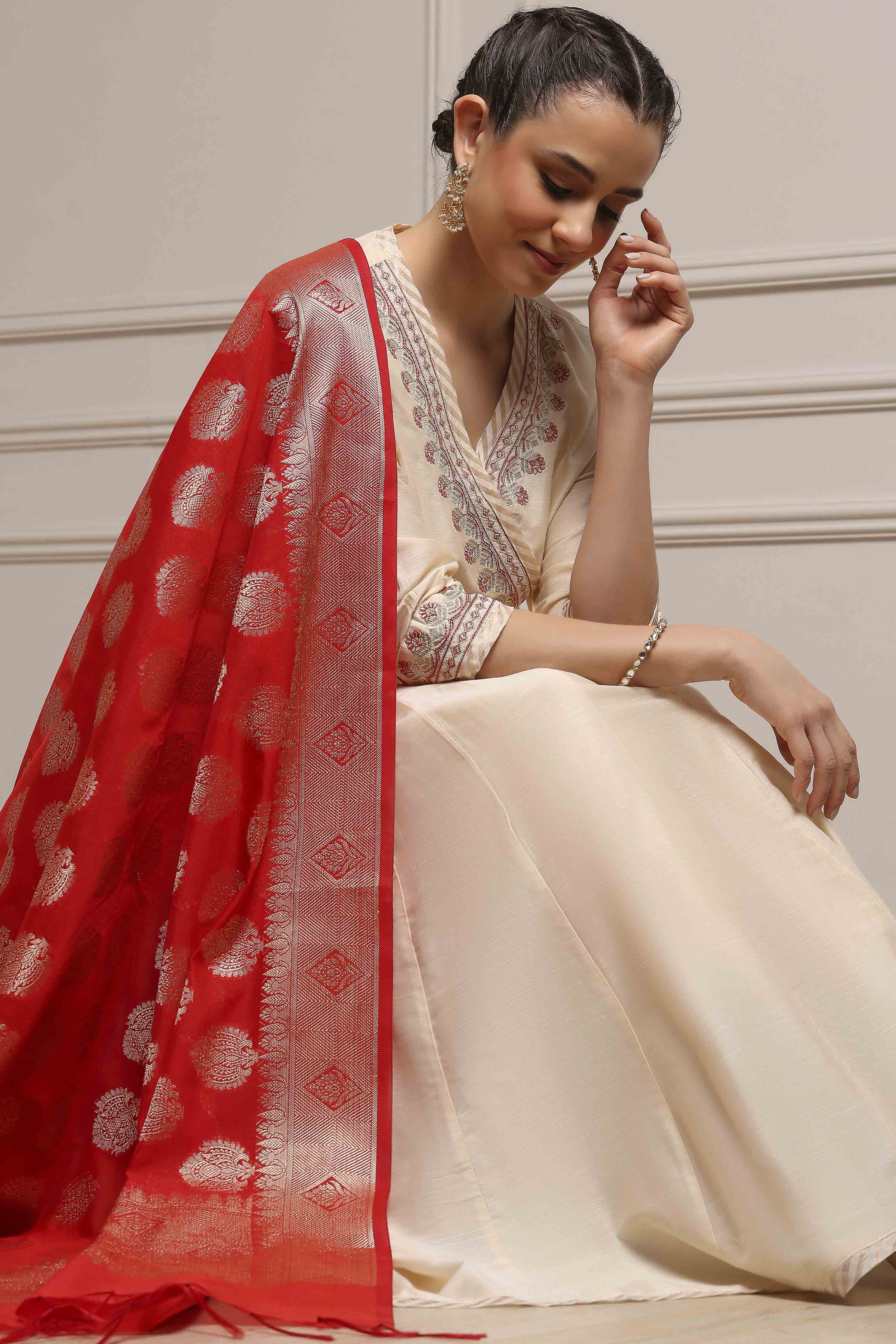 Fuchsia Embroidered Angrakha Festive Anarkali Suit Set image number 7