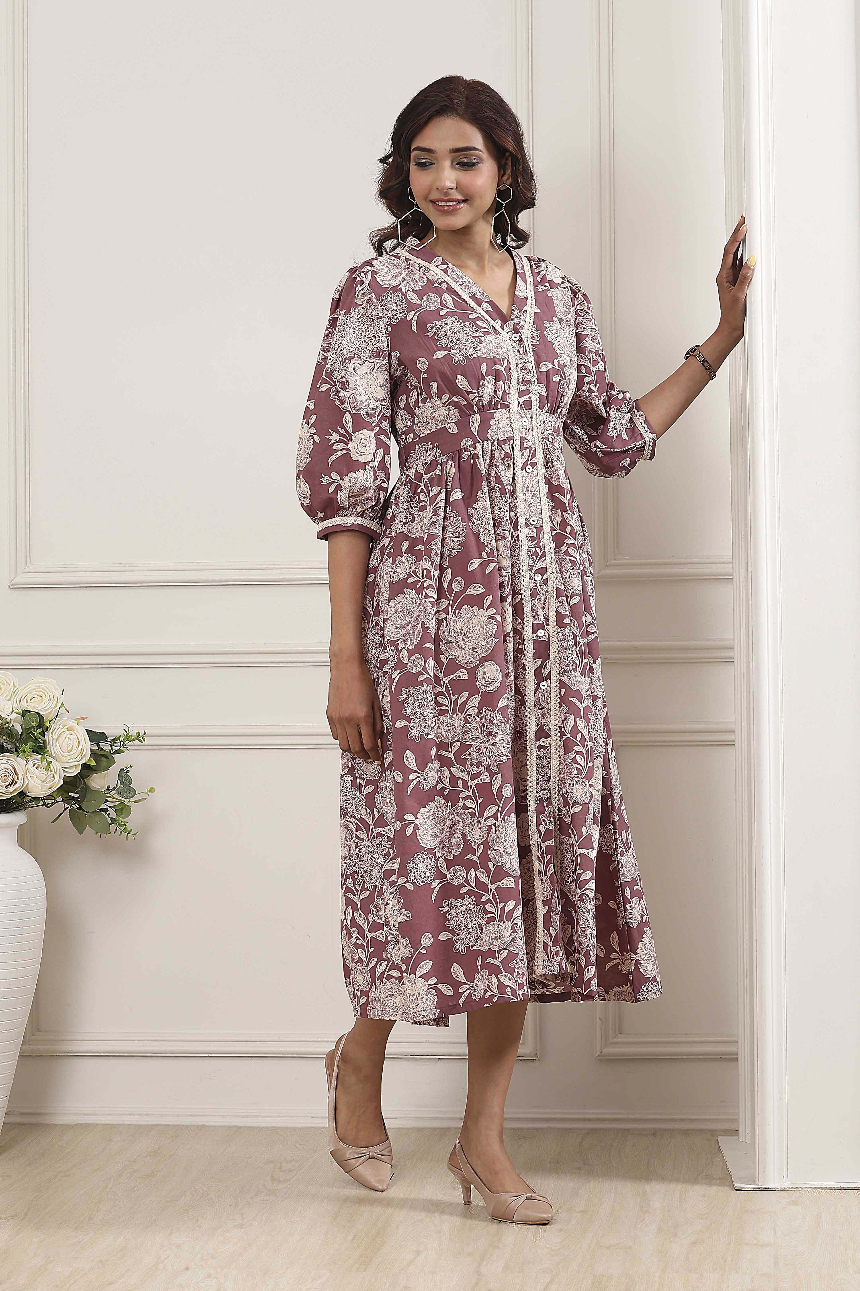 Nude-Colored Cotton Printed Flared A-Line Dress image number 4