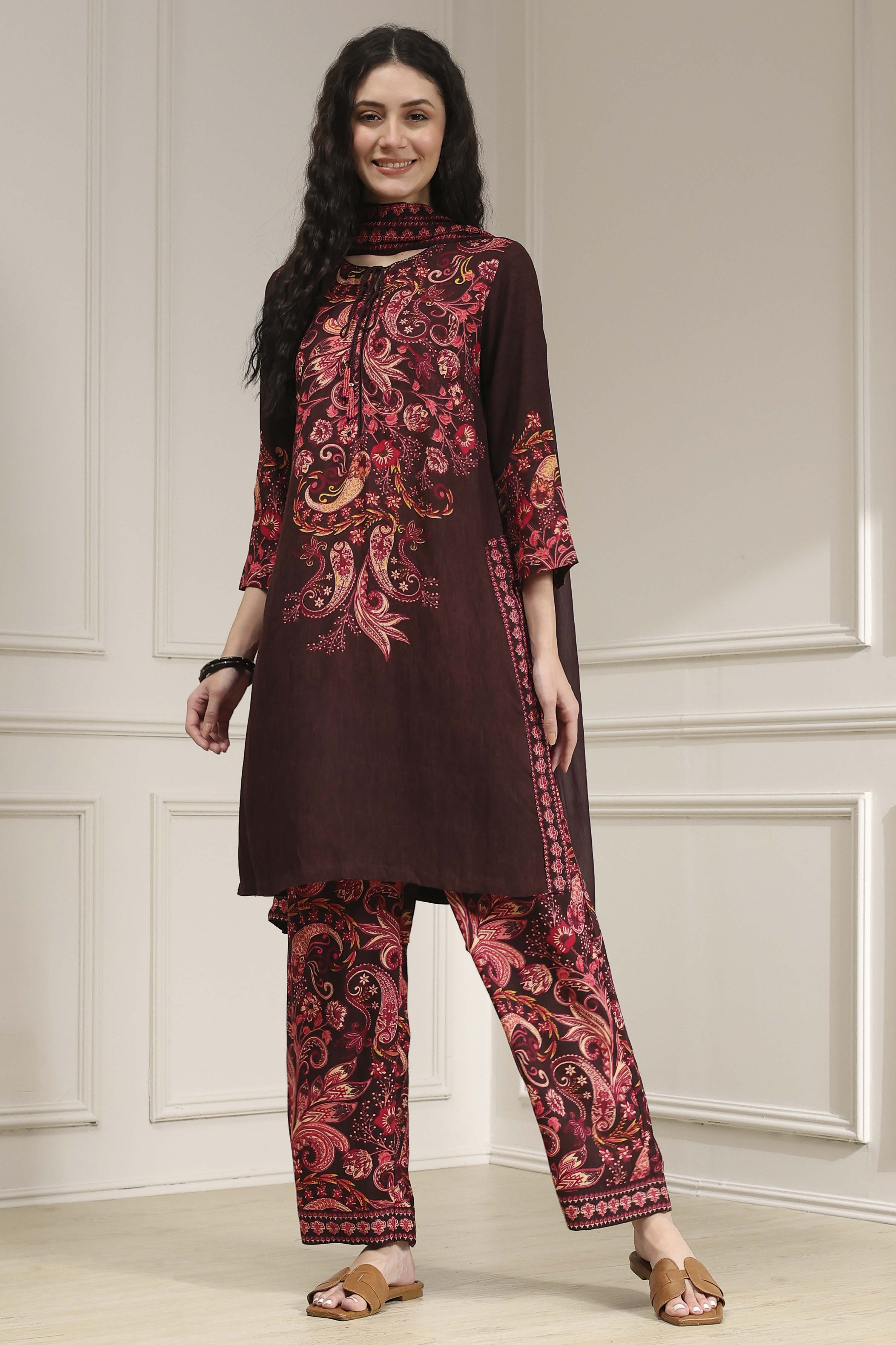 Brown Printed Straight Suit Set image number 6