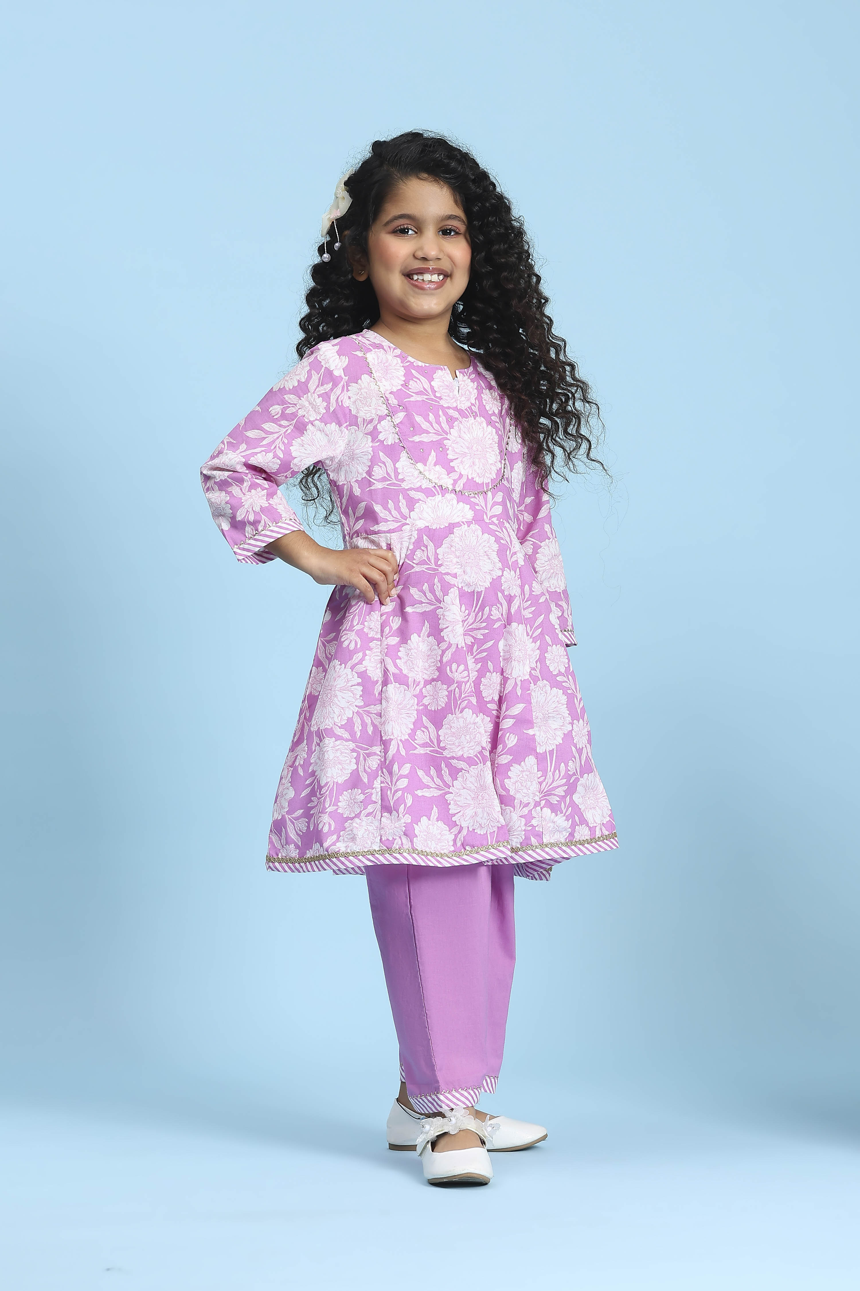 Purple Cotton Printed Kalidar Kurta Set image number 5