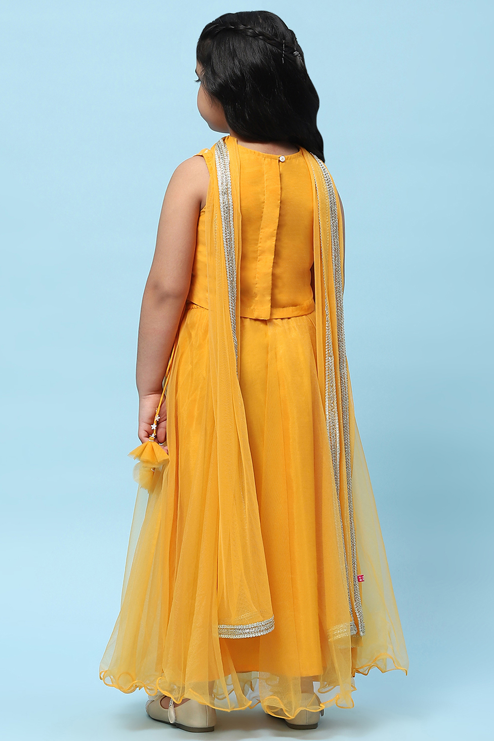 Yellow Poly Chanderi Printed Tasseled Lehenga Set image number 5