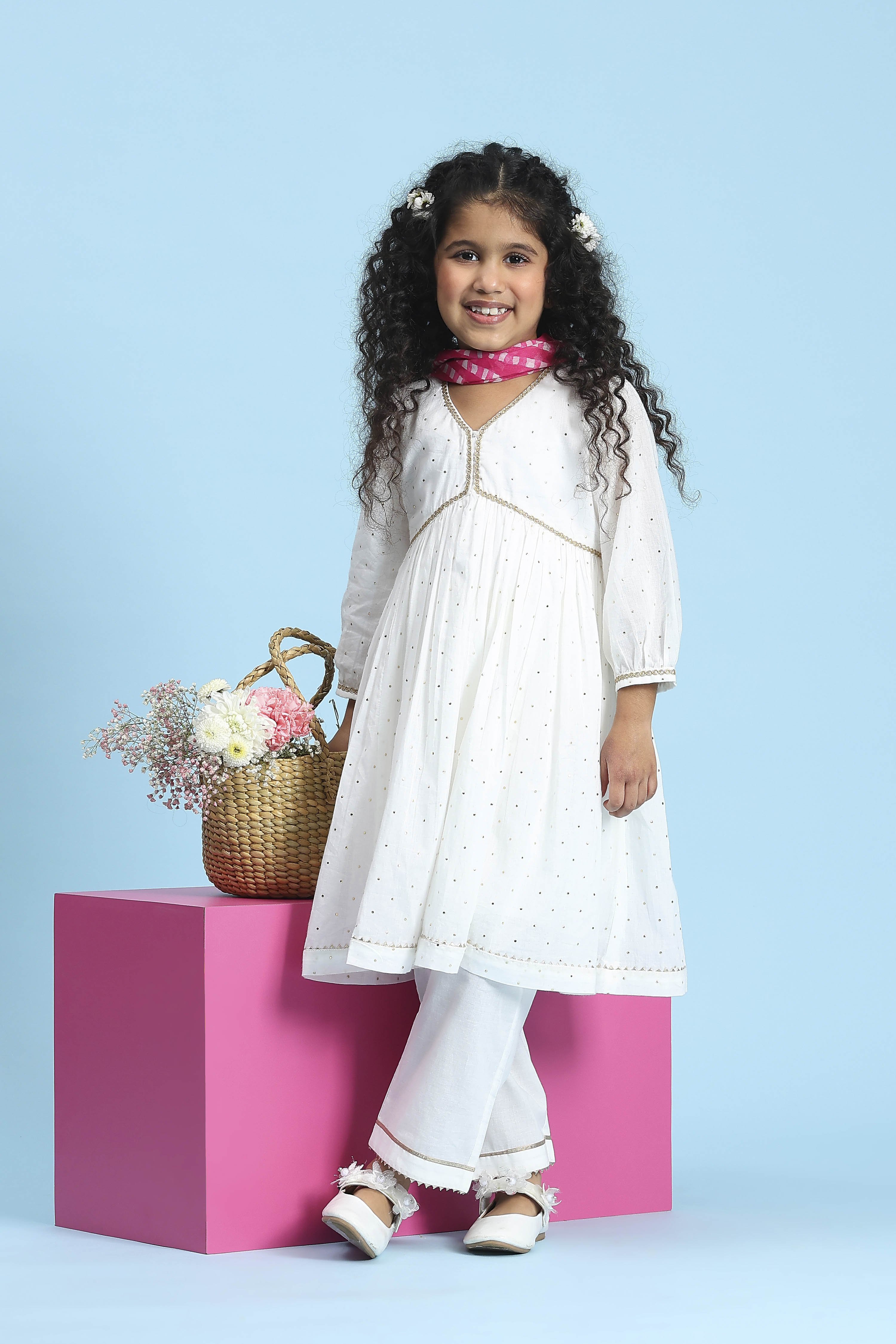 Off-White Cotton Metallic Pattern Anarkali Suit Set image number 0