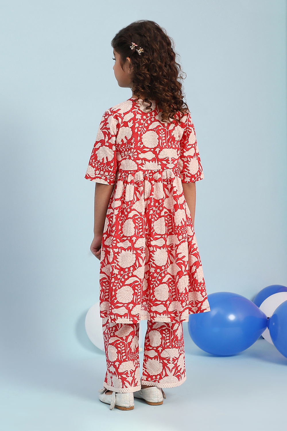 Blush Pink Cotton Printed Gathered Kurta Set image number 4