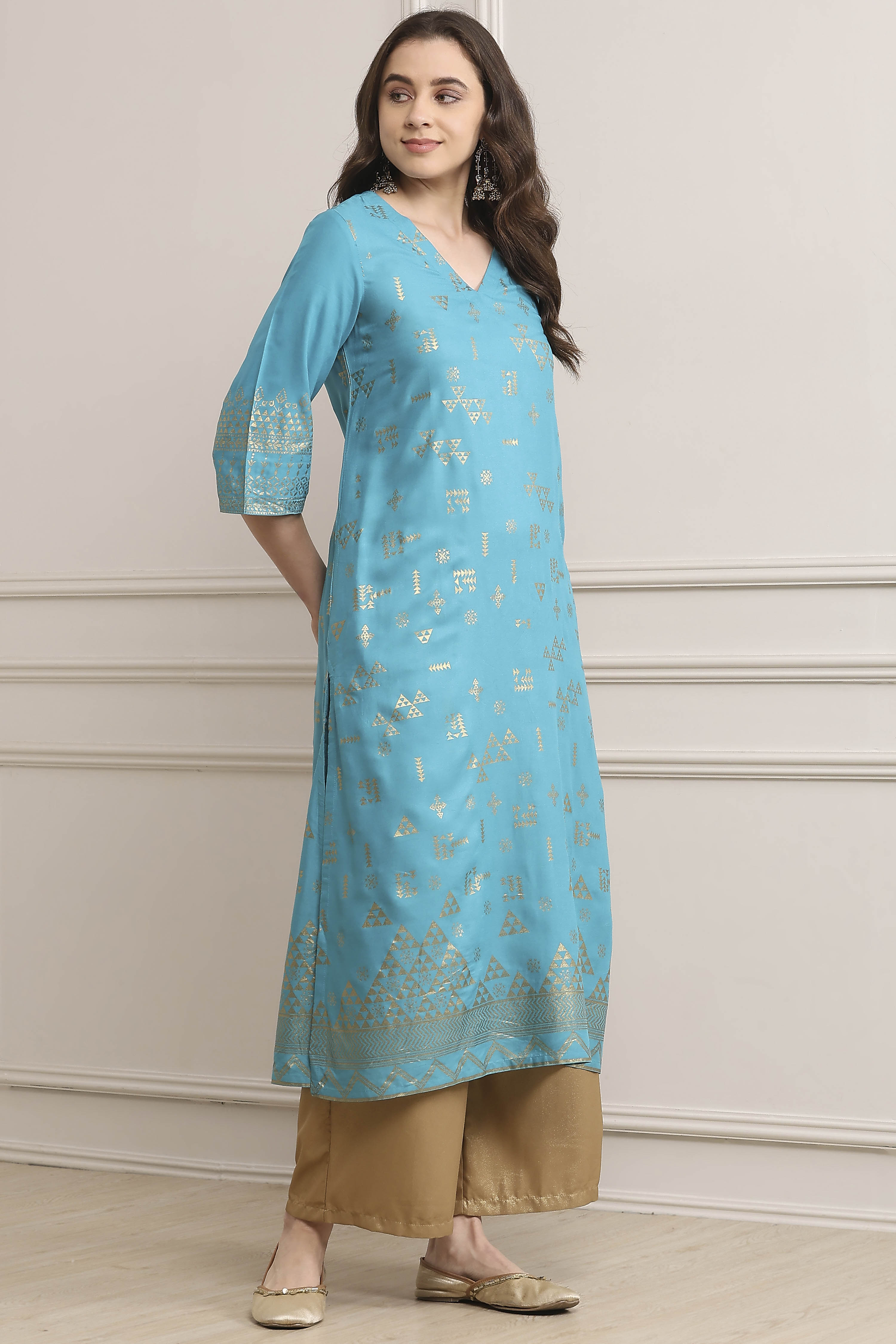 Turquoise Rayon A-Line Printed Kurta image number 4